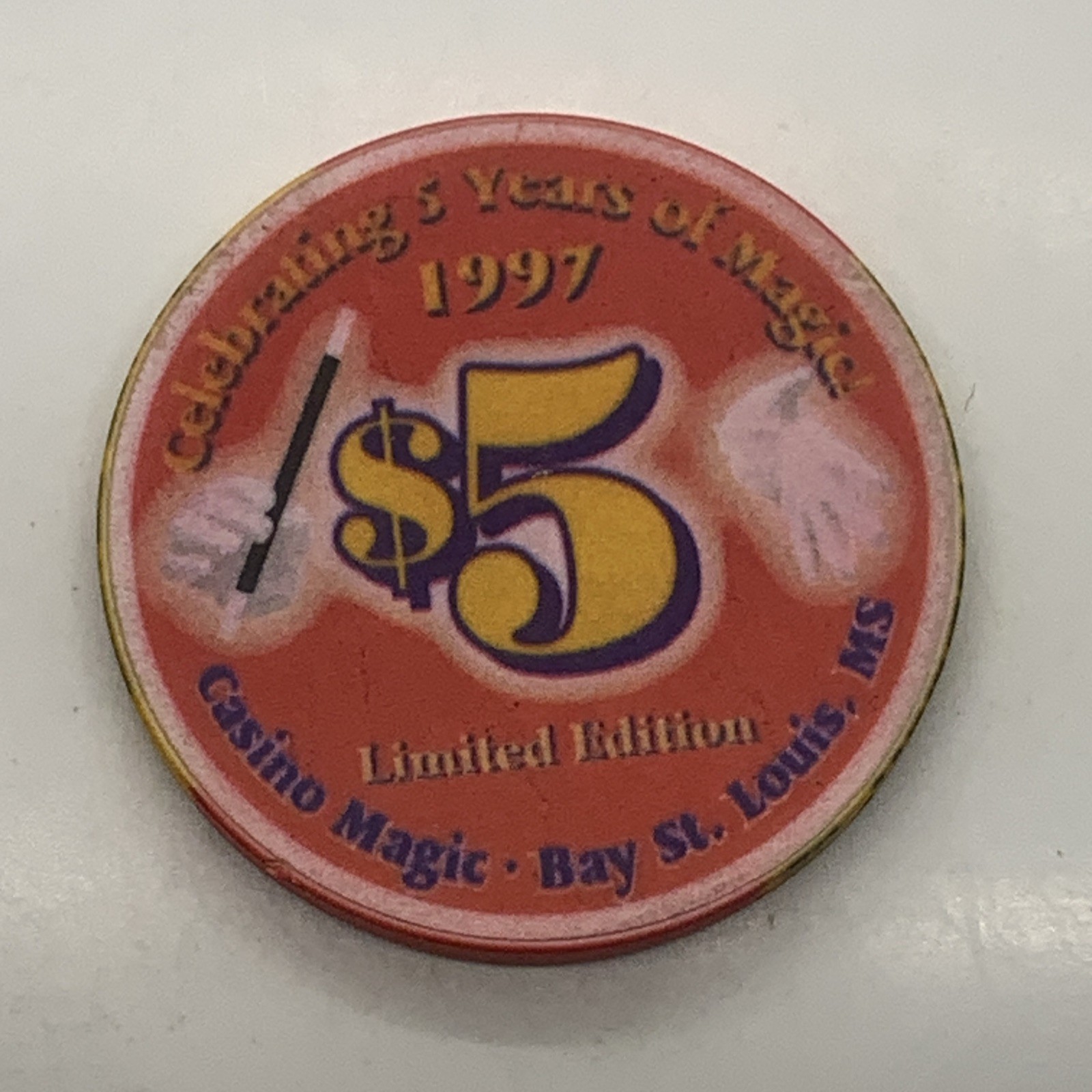 Casino Magic $5 Chip Bay St Louis Mississippi 5th Anniversary 1992-1997