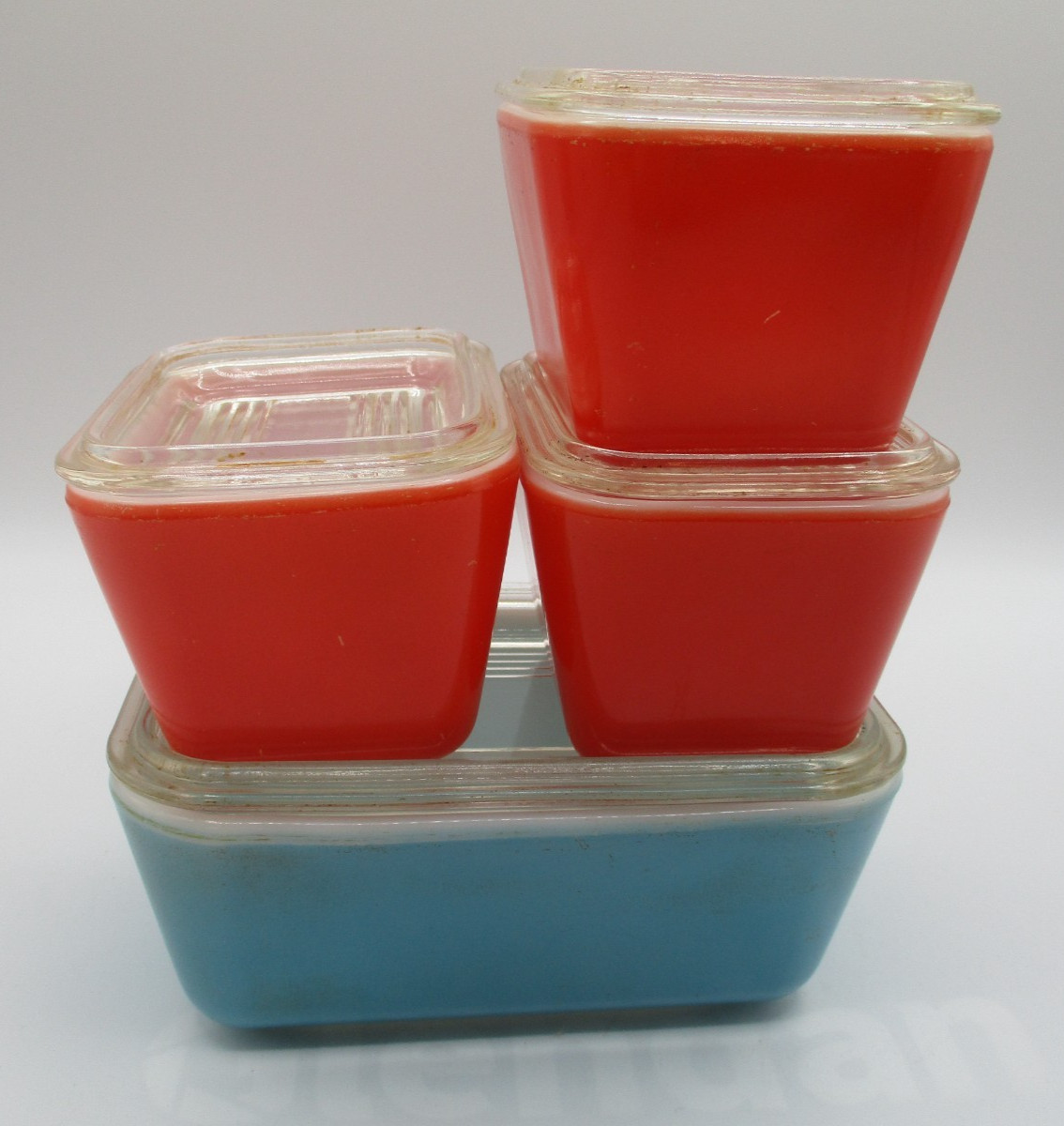 VINTAGE PYREX BLUE & RED REFRIGERATOR DISHES ~ BRIGHT COLORS ~ 501-B, 502-B