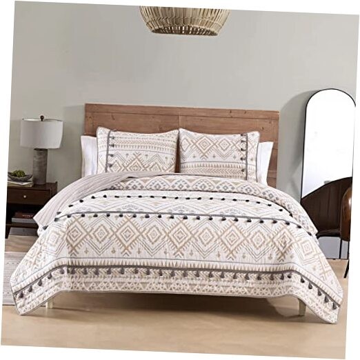  Boho Style Quilt Set with Tassle, Soft and Lightweight Bedspread Twin Beige