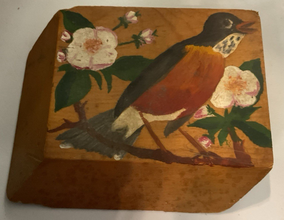Used Wood Vintage Hand Painted Bird On A Wood Panel  5 1/2" x 6 3/4" x 1 1/4'