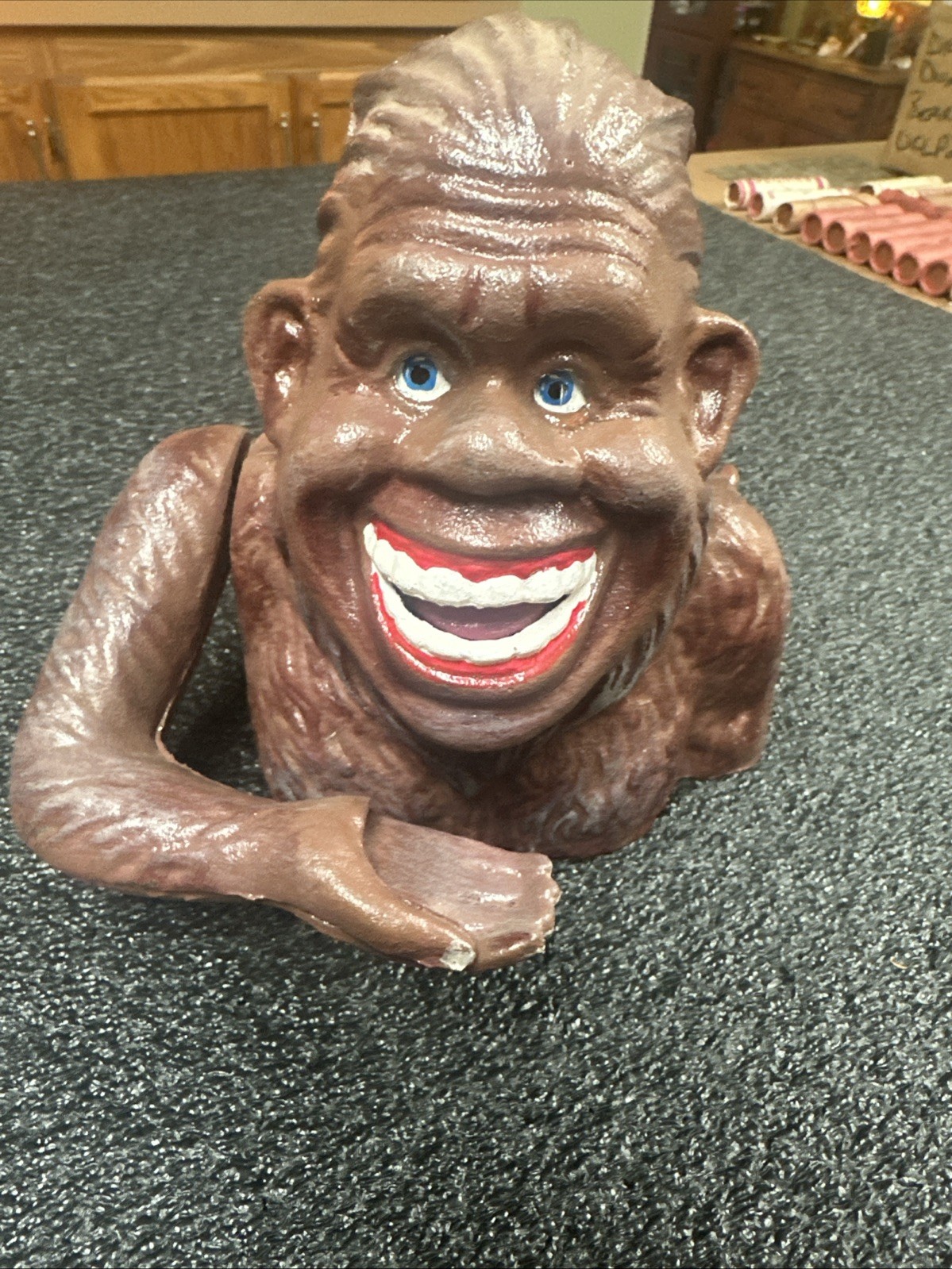 VINTAGE BIGFOOT HAPPY SASQUATCH FEED ME CAST IRON MECHANICAL BANK (WORKS) Clean