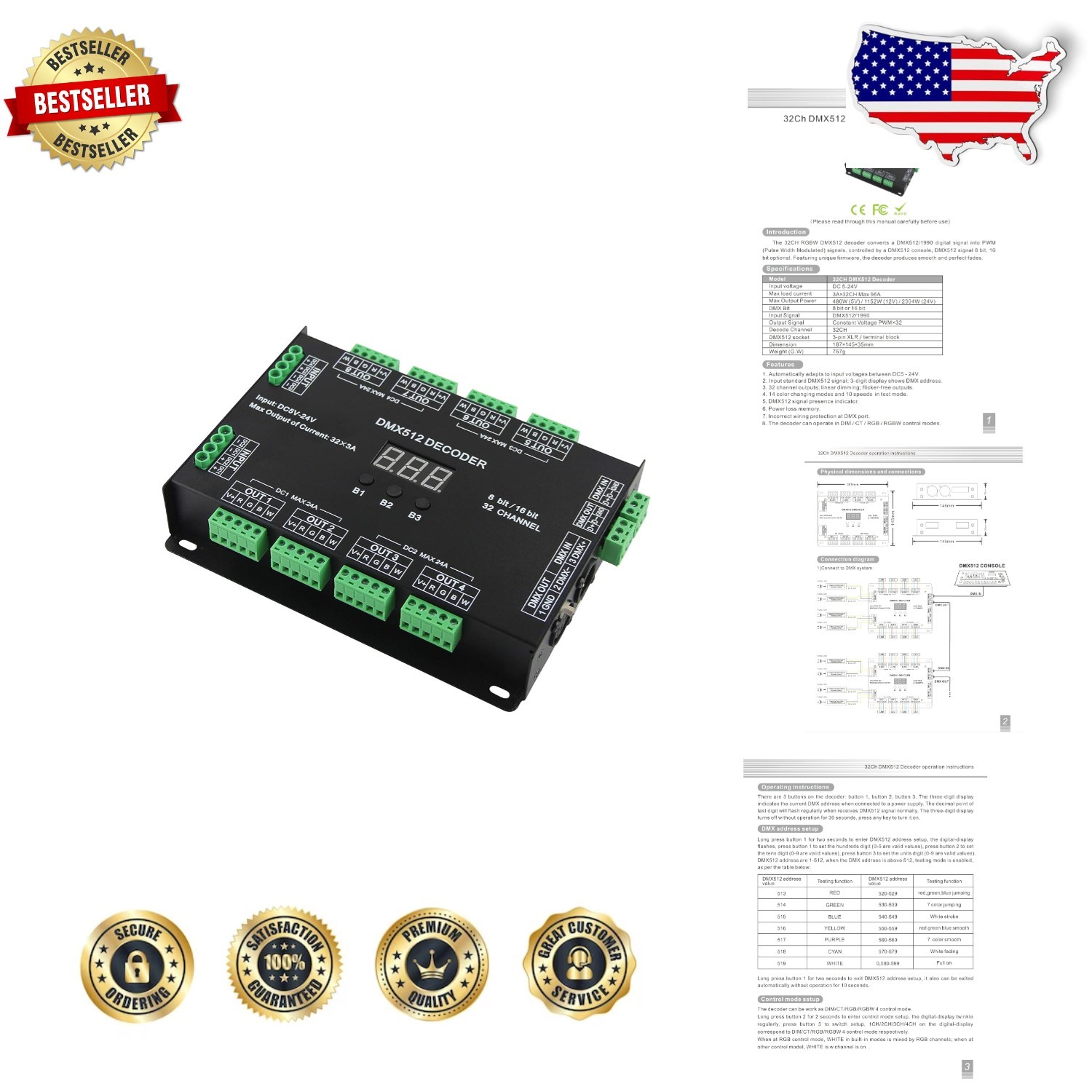 High-Power 32CH RGBW DMX Decoder 96A 16-Bit Control DC5-24V Protection