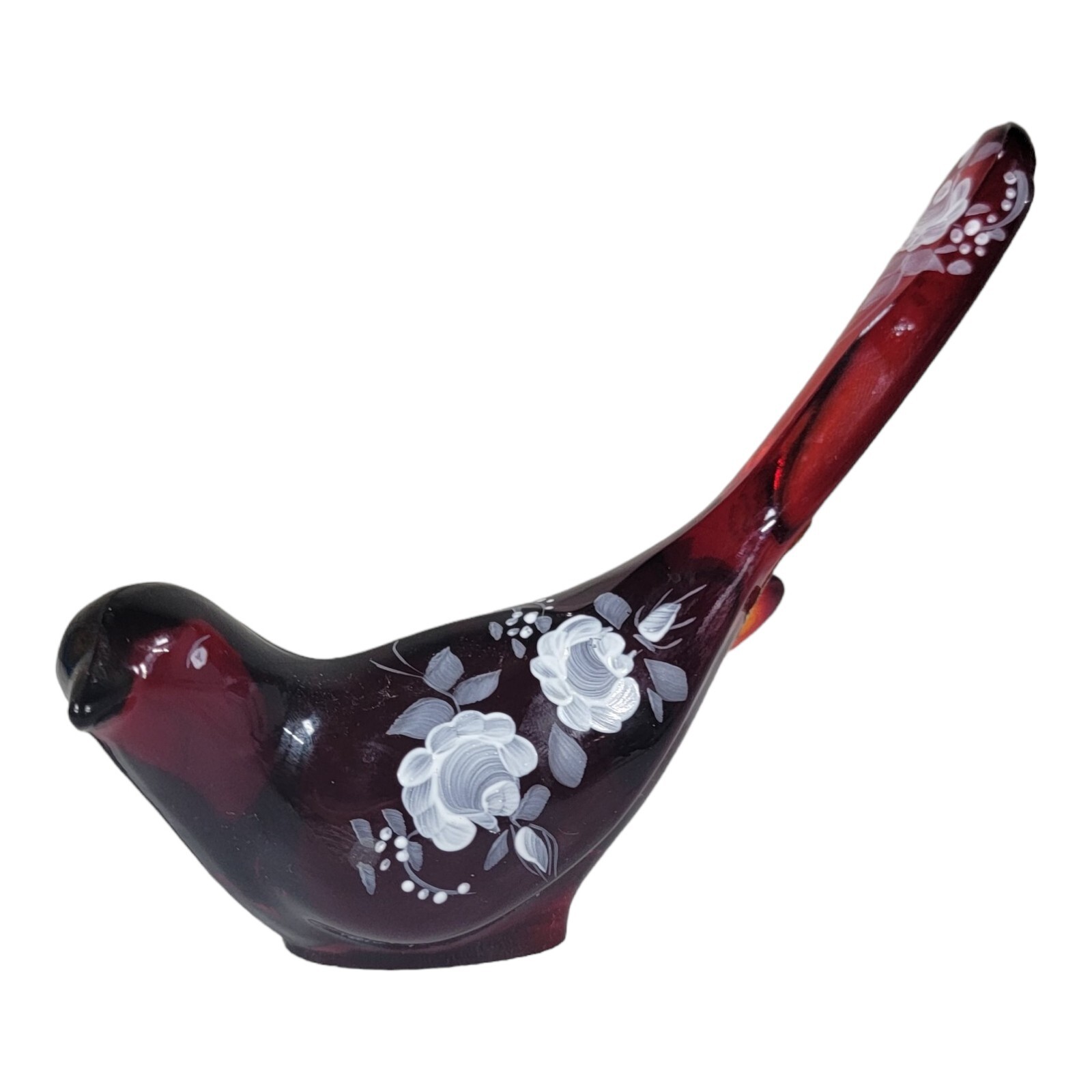 Vtg Hand Painted Fenton Ruby Red Amberina Bird Figurine Paperweight - Cathy Cy