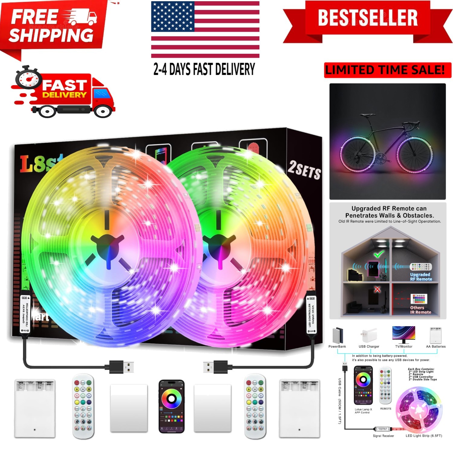 Battery Powered Led Strip Lights 13ft, 2x6.5ft USB/Battery Operated RGB LED L...