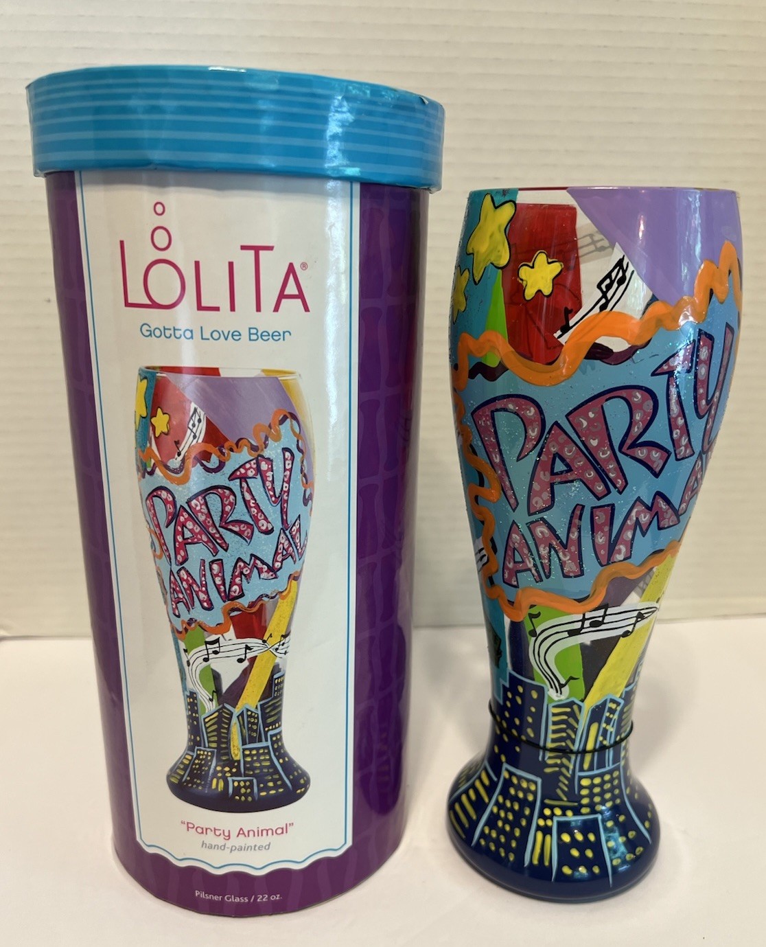 NWT & Tube Lolita Beer Pilsner Hand Painted Glass-Party Animal 22 OZ Great Gift
