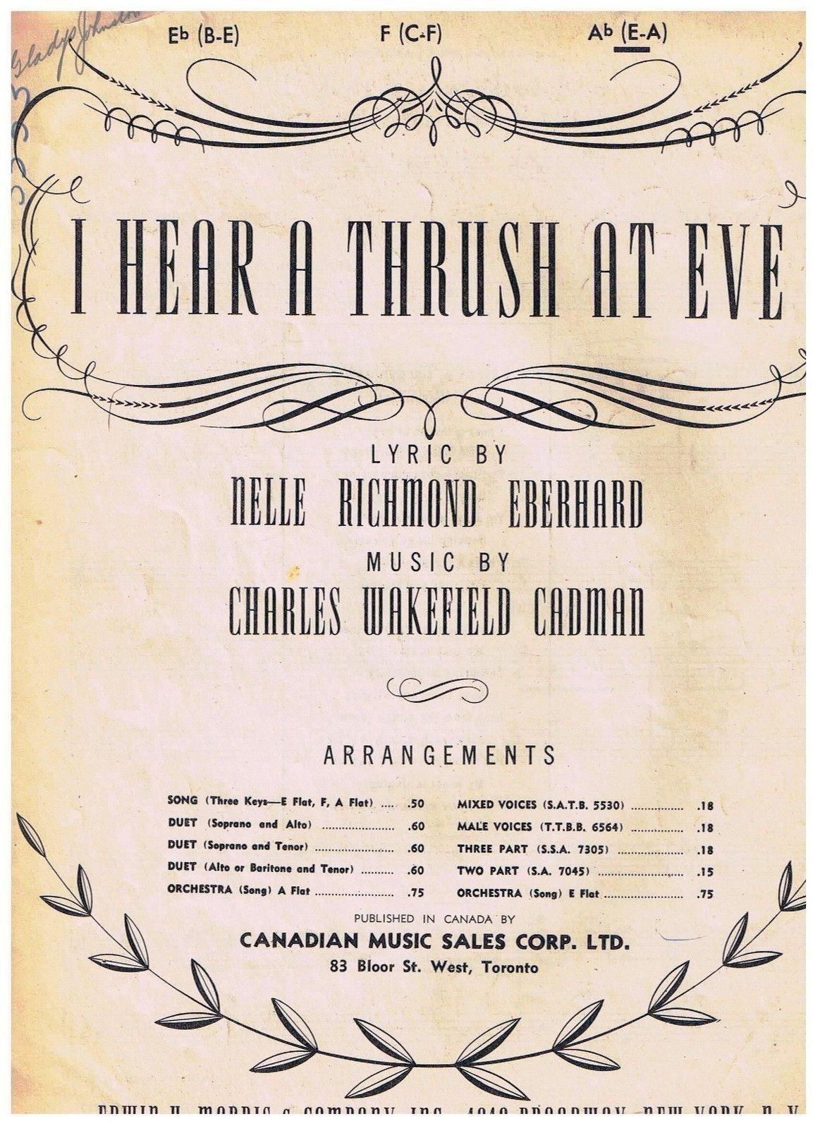 I Hear A Thrush At Eve Sheet Music Nelle Eberhard Charles Cadman