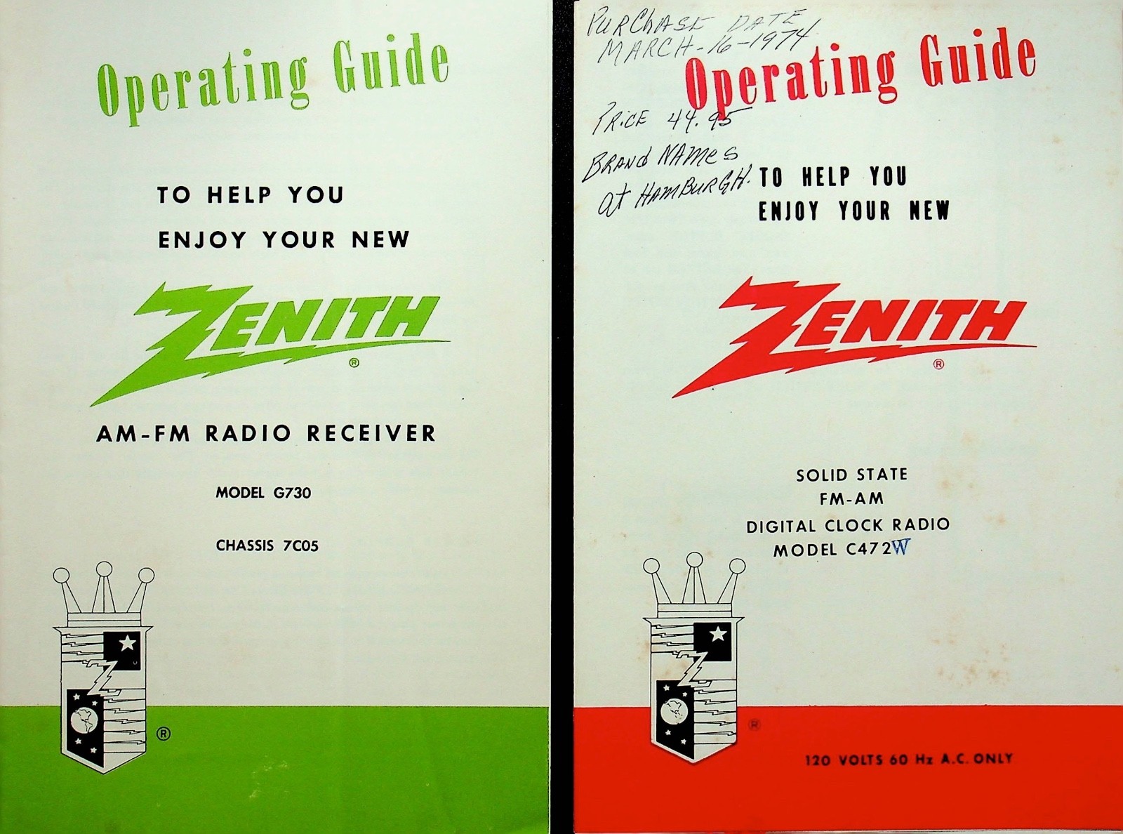 Two ZENITH Operating Guides for AM FM Clock Radio & Digital Clock Radio -E18-F