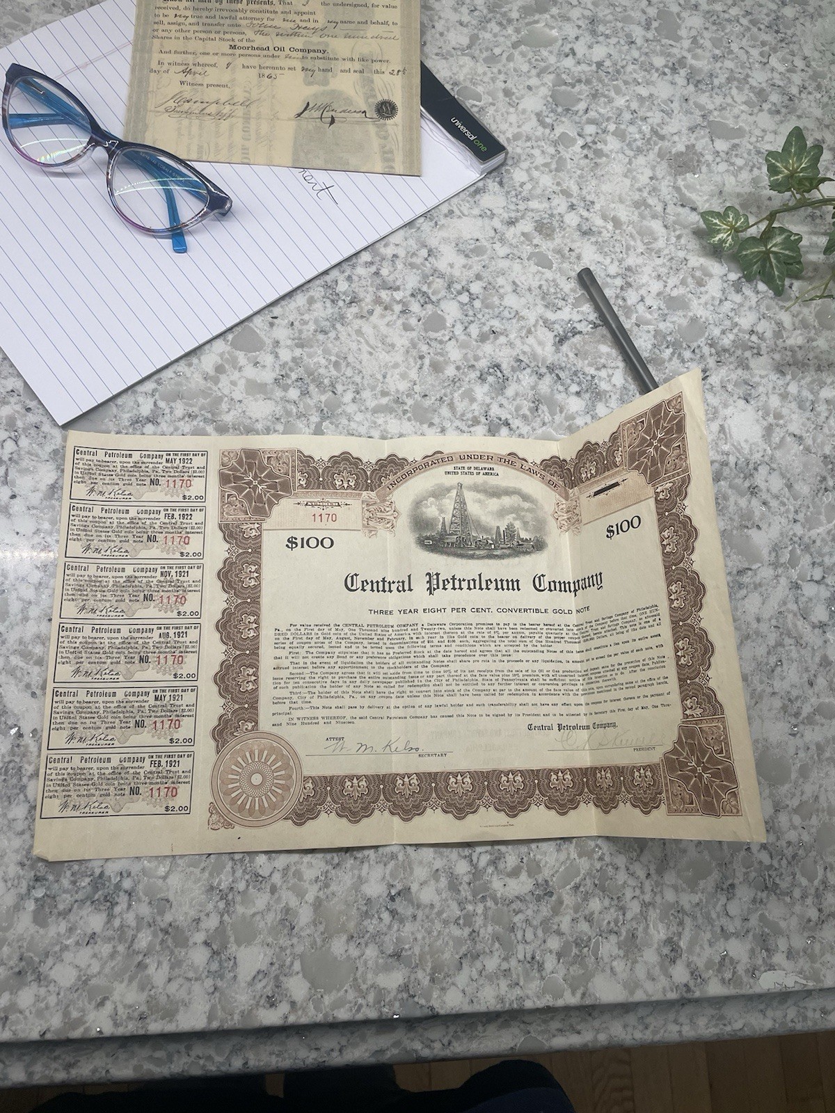 Central Petroleum Co. 1922 Stock Certificate 100 Shares Philadelphia PA