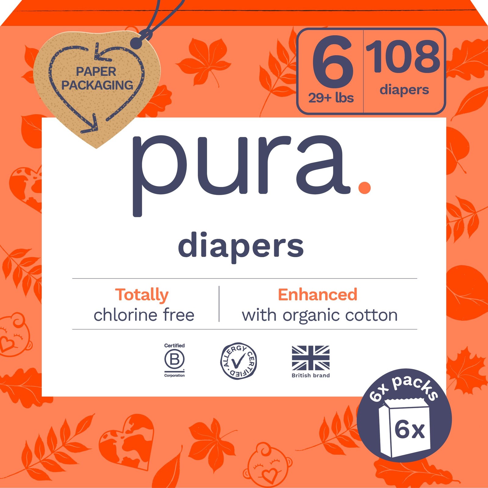 Eco Friendly Diapers Size 6 29+ lbs Chlorine Free Hypoallergenic 18 Count Pura