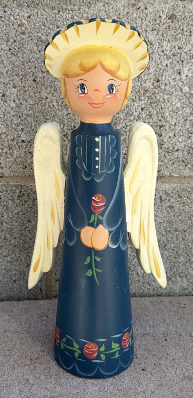 Tole Hand-Painted Wood Angel Vintage 1980's Swedish Folk Art Signed