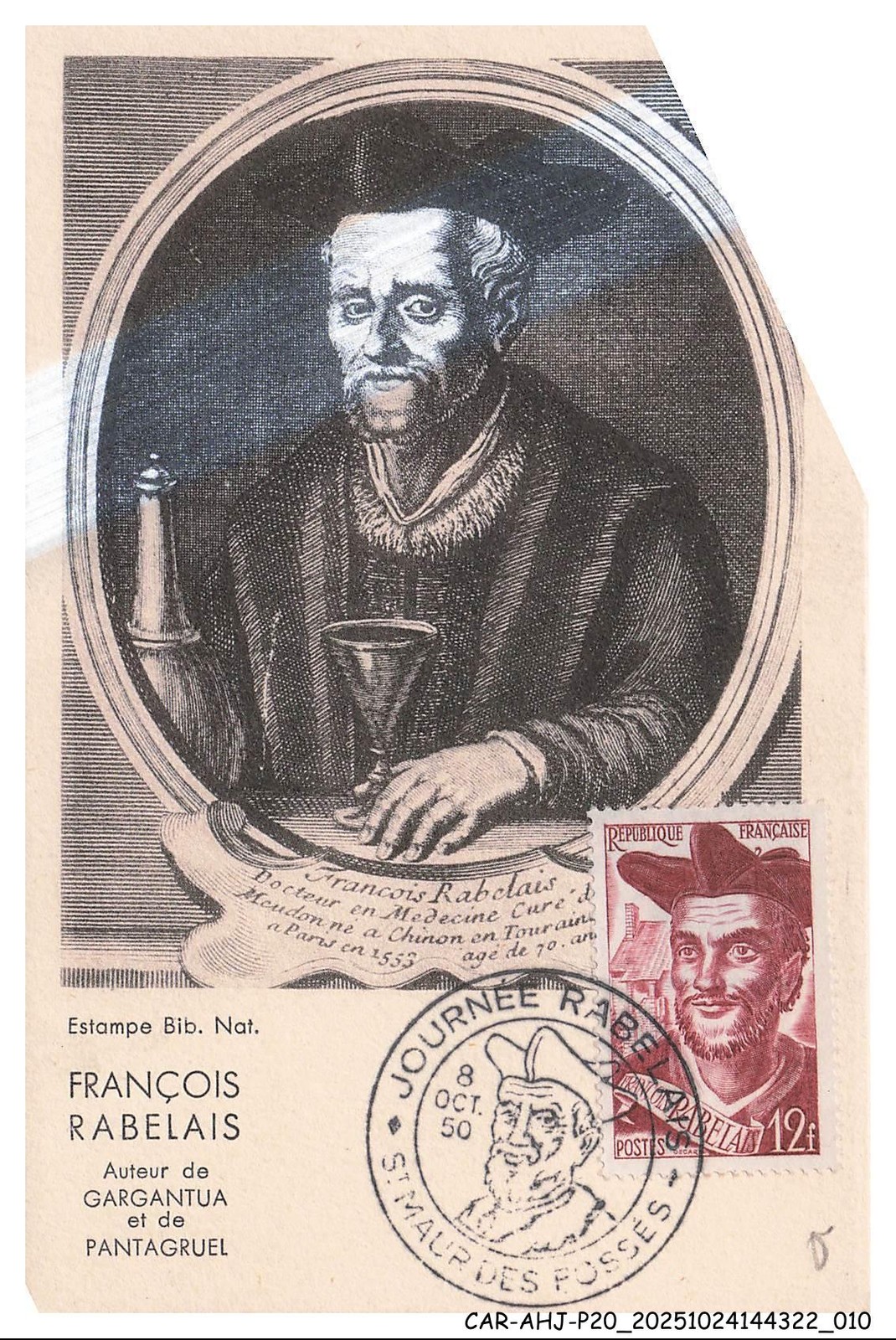 CAR-AHJP20-0958-CARD-MAXIMUN - François Rabelais - 1950