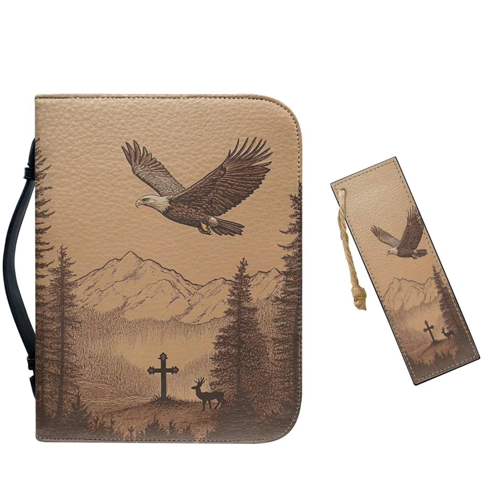 Bible Cover  PU Leather Bible Case - Bald Eagle Cross  Deer Design for Men  W...