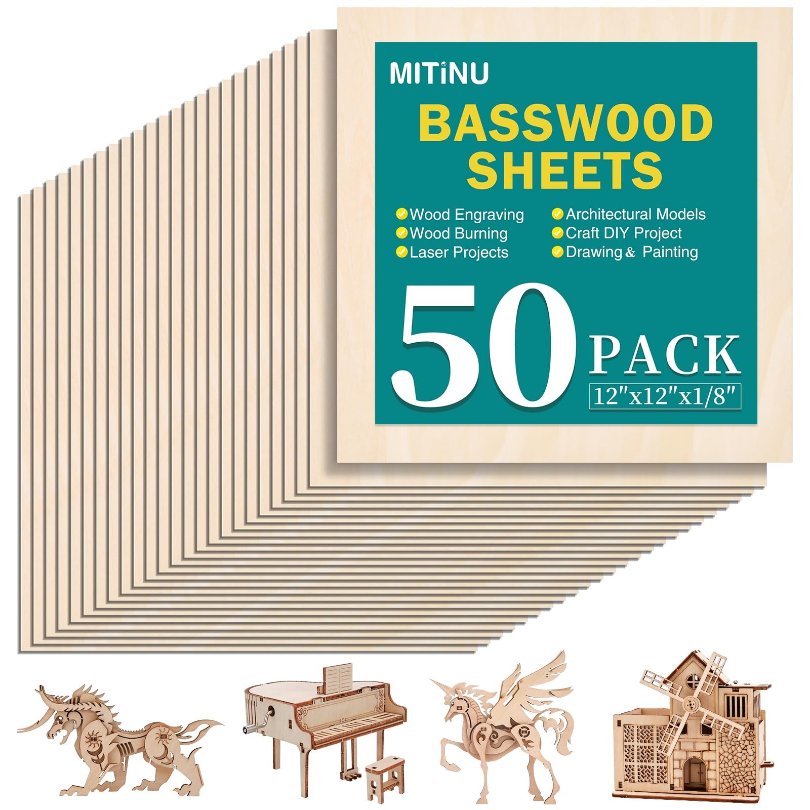 MITINU 50 Pack Basswood Sheets for Crafts,12"x12"x1/8" 3mm Thick 50PACK 
