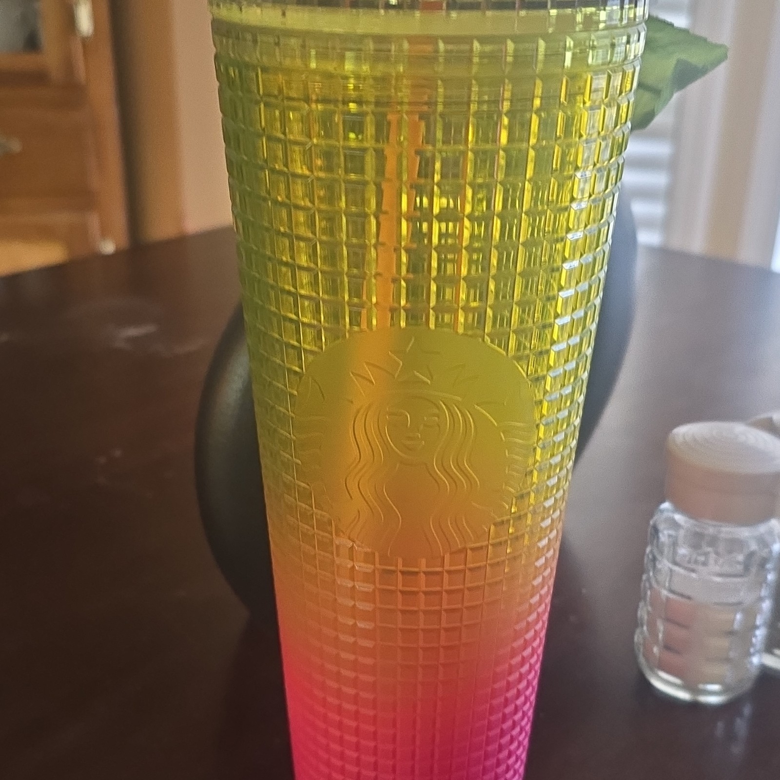 Starbucks Yellow Pink Plastic Round Geometric Tumbler With Lid and Straw