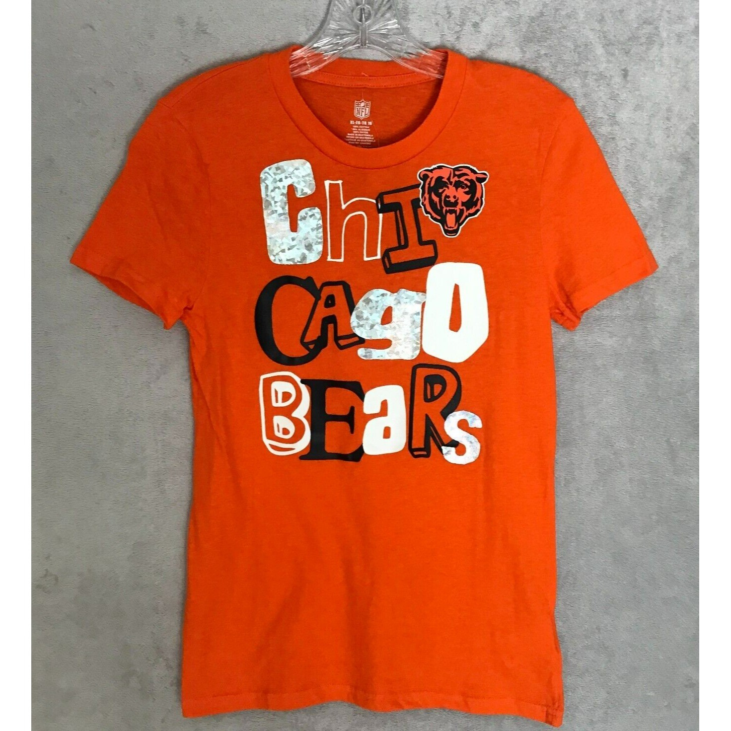 New NFL Team Apparel Chicago Bears T-Shirt Boys Girls XL 16 Orange Spellout Logo