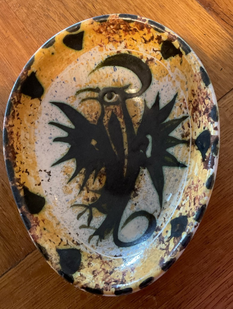 Striking Celtic Pottery Gold and Black Phoenix Bowl Newlyn Cornwall 70s