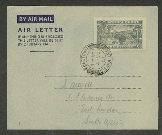 SIERRA LEONE H&G FG1 1951 KGVI 6D AIR LETTER TO SO AFRICA