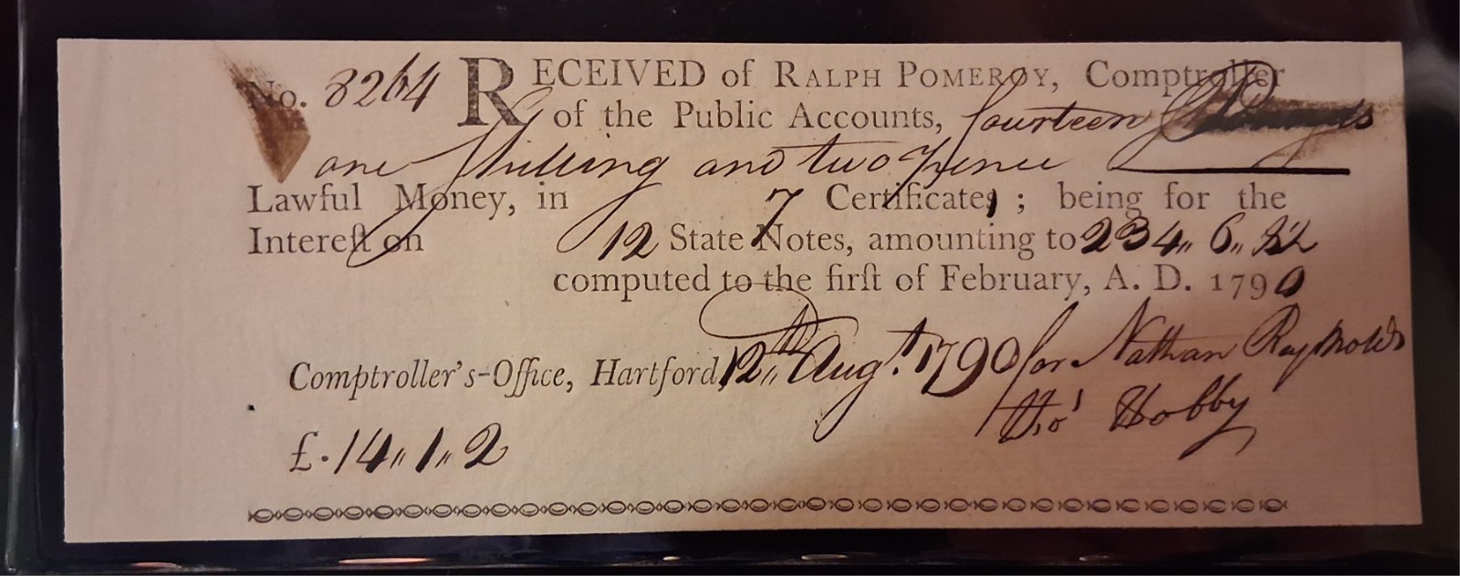 1790 Connecticut Pay Table Order Certificate Colonial Currency Revolutionary War
