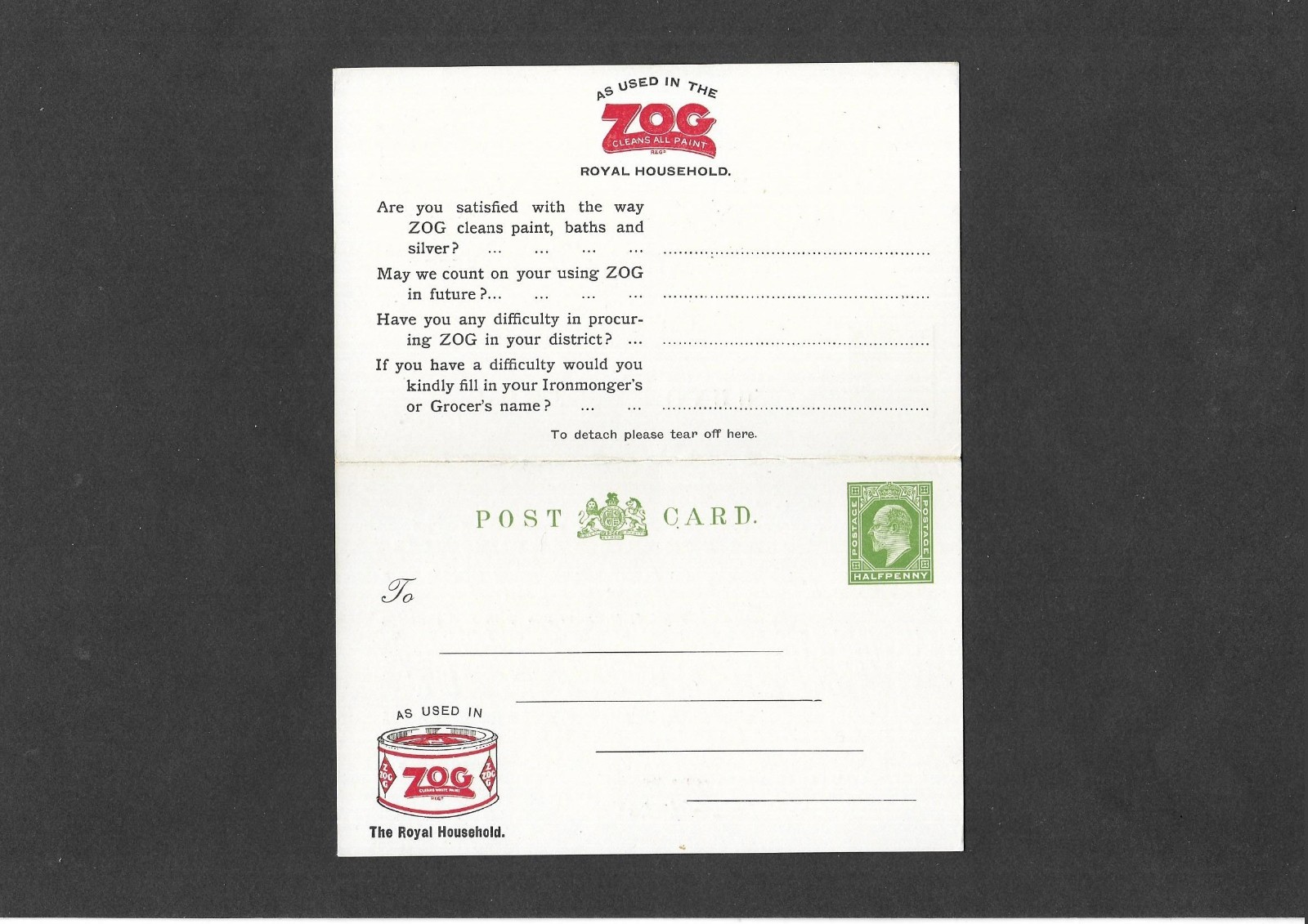 Advertising Stationery STO KEVII 1/2d + 1/2d 'ZOG' Reply Postcard H&B CS30 Rare!