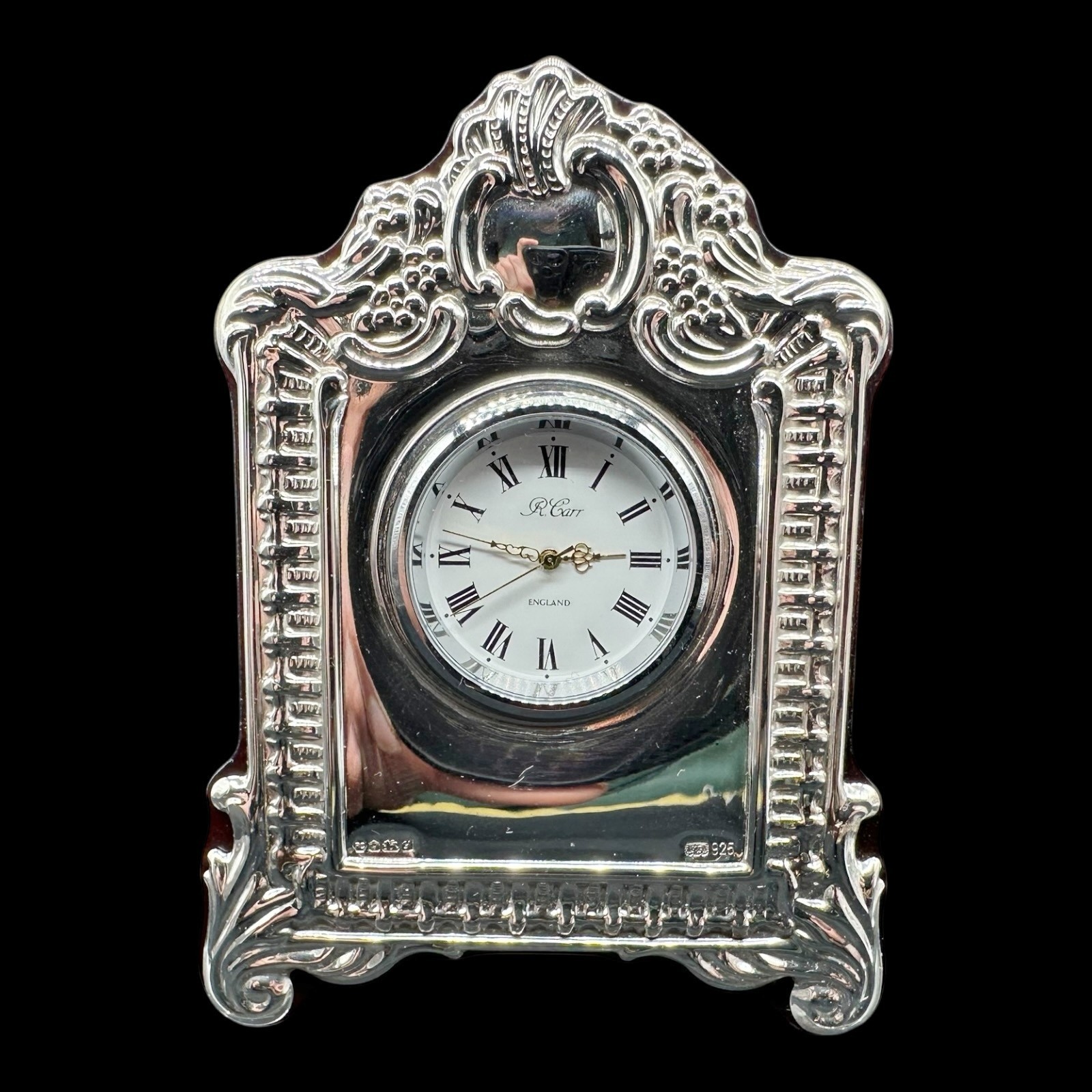 CARRS SHEFFIELD 925 STERLING SILVER FRONTED DESK CLOCK WOOD BACK ** WORKING **