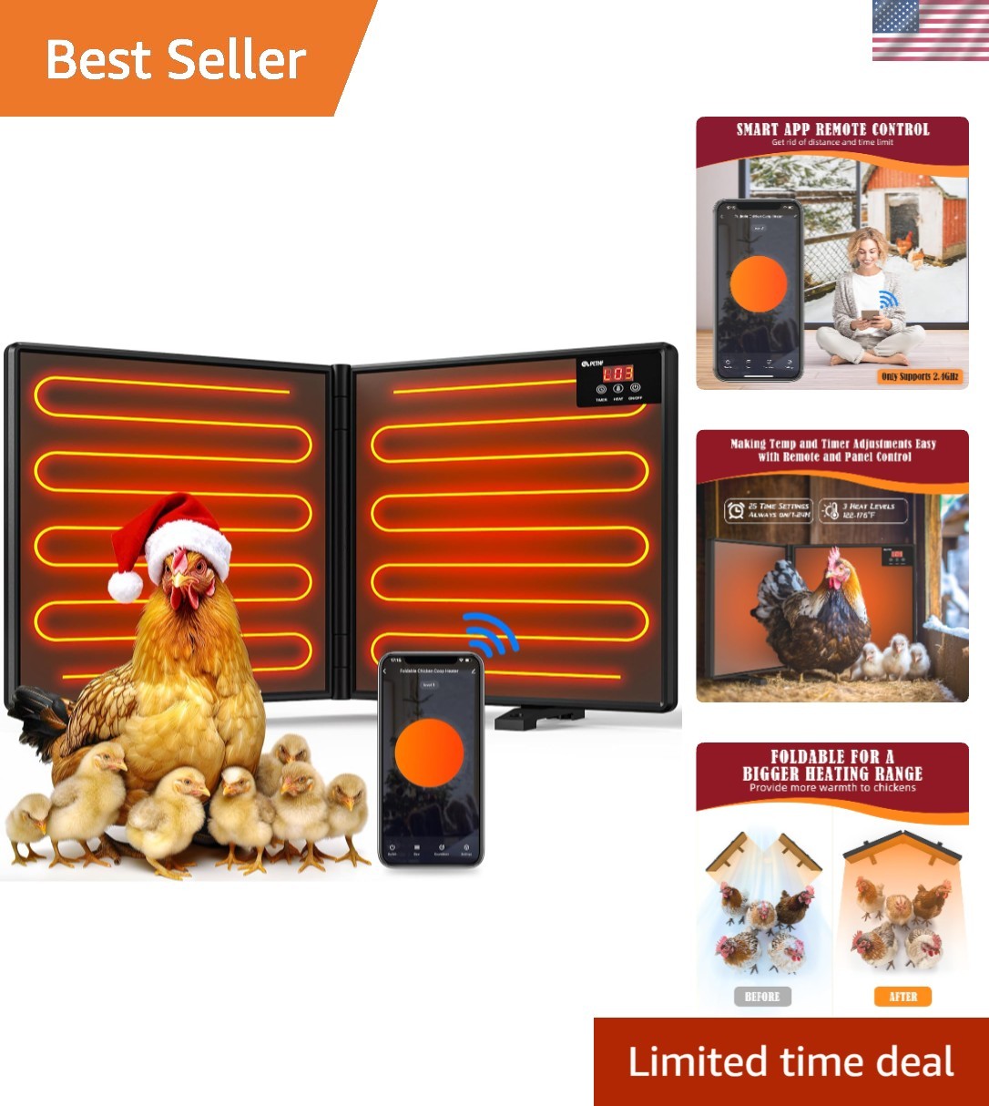 Chicken Coop Heater for Winter with Remote APP Control, 30''x12'' Large Folda...