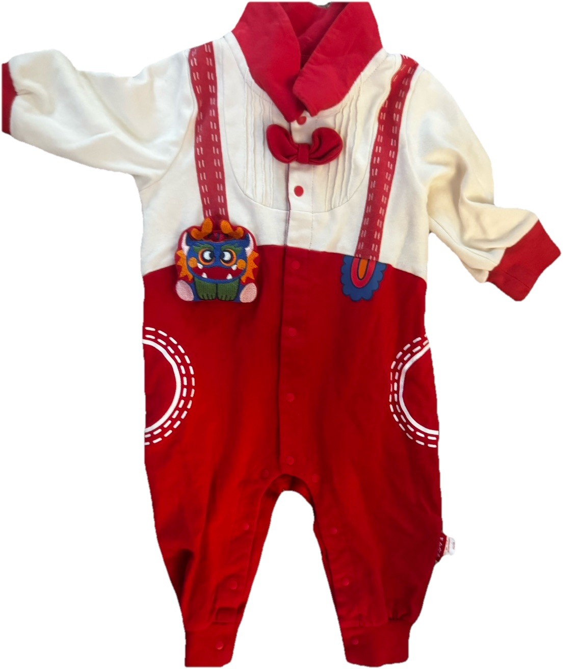 Baby Romper Chinese Dragon With Squeaker Toy Plush On Front Red Bow Tie Collar