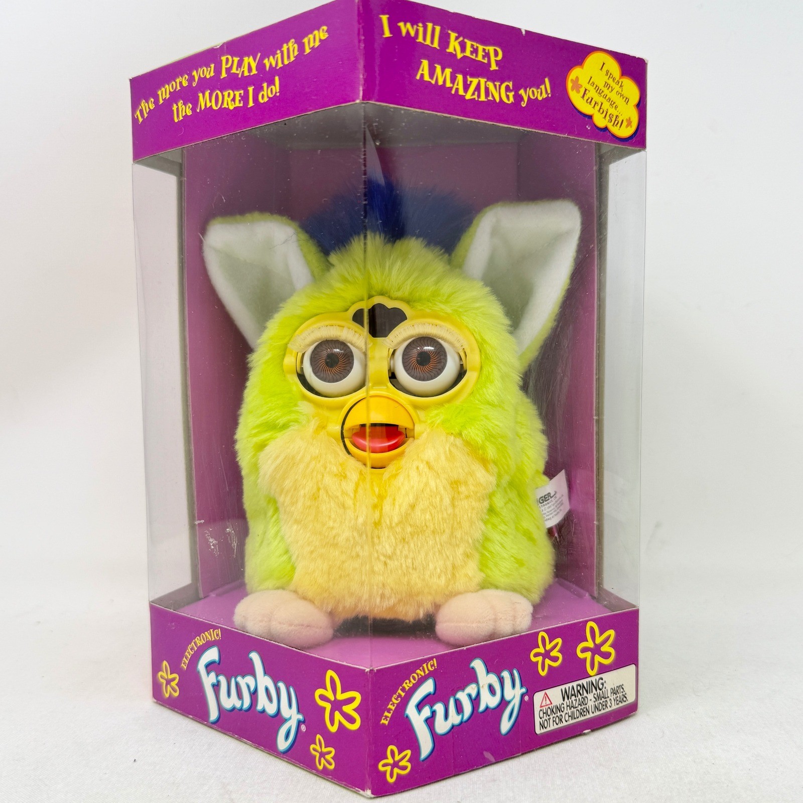 Furby Kiwi Lime Green, Yellow, Dark Blue Hair BROWN Eyes 1999 Factory Sealed