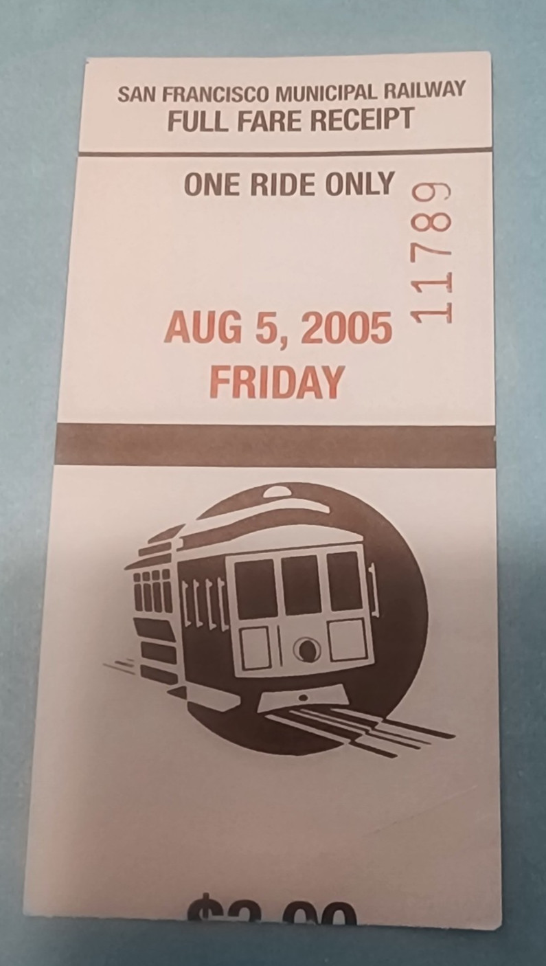 2005 San Francisco Cable Car Ticket dated 08/05/2005  for One Ride ticket 11789