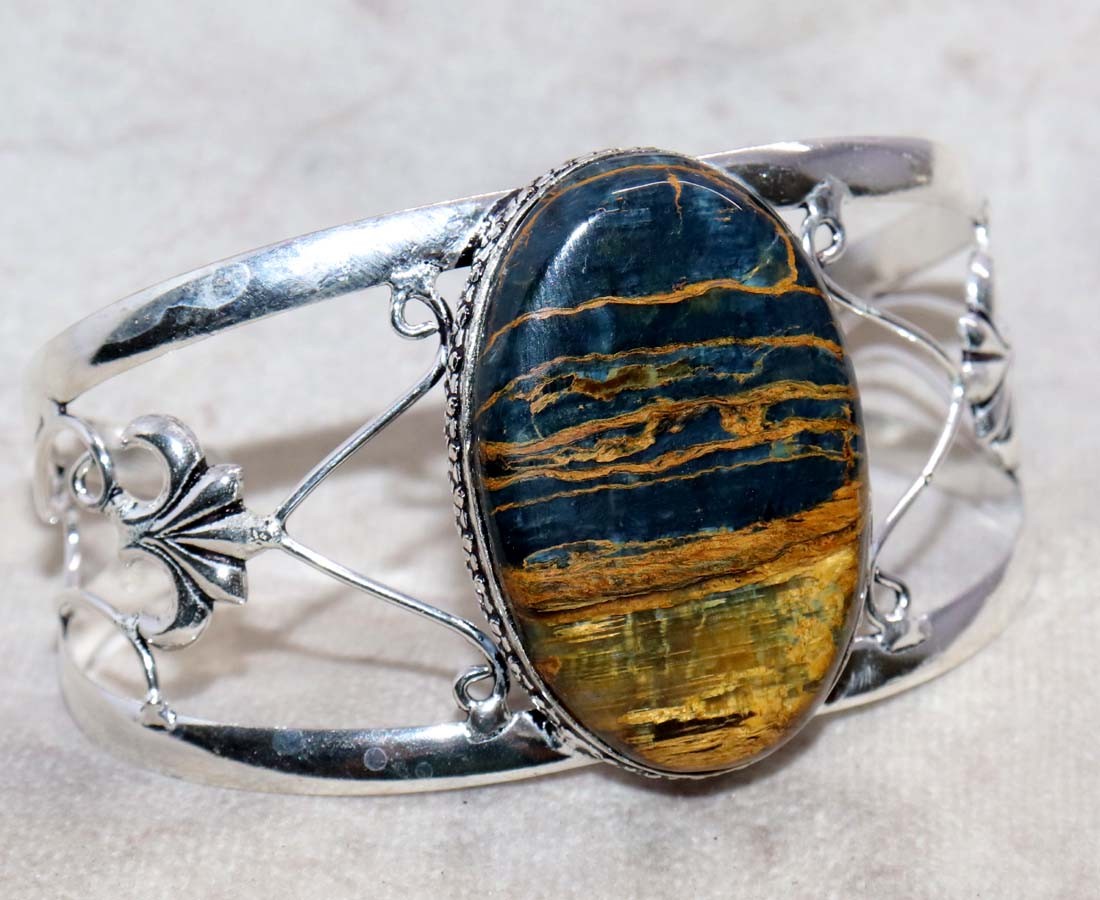925 Silver Plated Huge Golden Pietersite Bangle FreeSize Most Beautiful GW