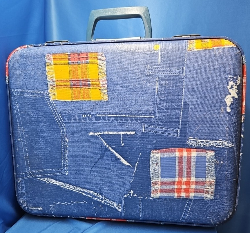 Vintage Hard-shell Blue Colored Denim Patchwork Suitcase  18"L X 14.5"W X 6"T