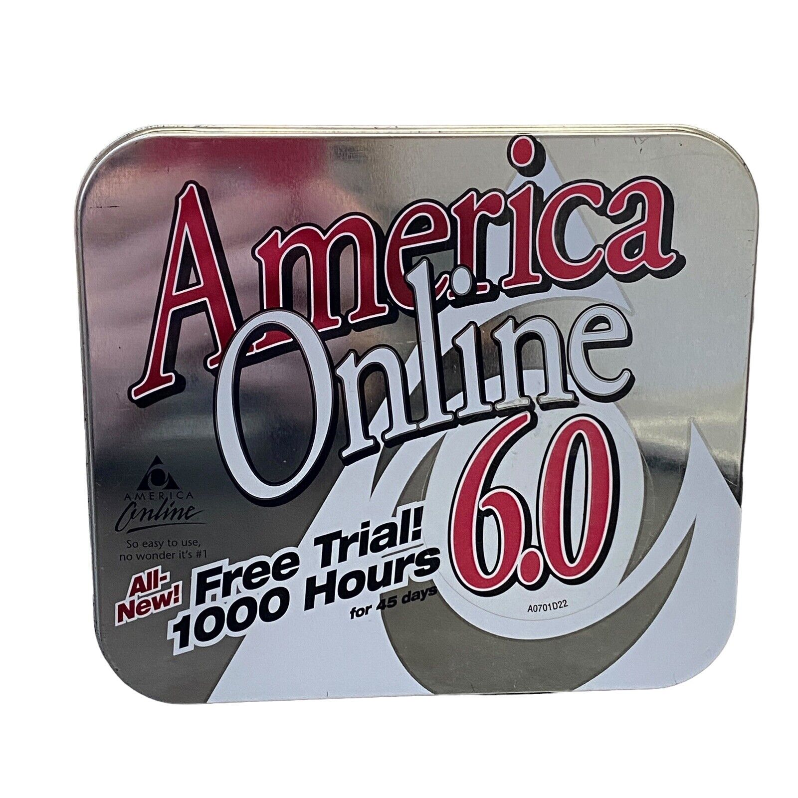 AOL 6.0 All New Free Trial 1000 Hours 45 Days CD Computer Software Silver Tin