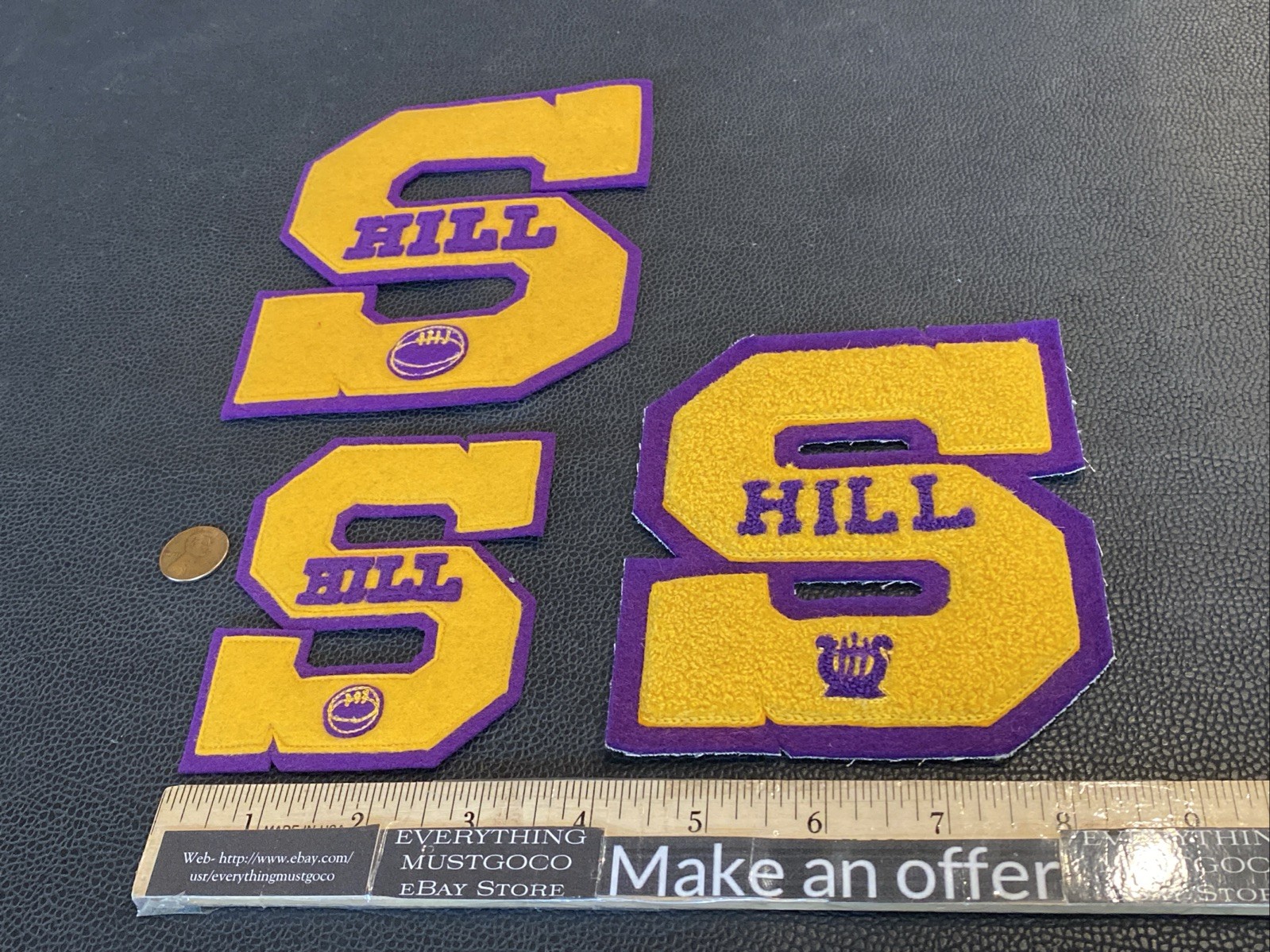 Vtg S HILL Purple Yellow Varsity Letter Letterman Jacket Patches Basketball Band