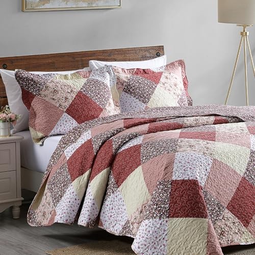  3-Piece Queen Size Quilt Set with Queen(96x90) Floral Grid With Ruffle Edge