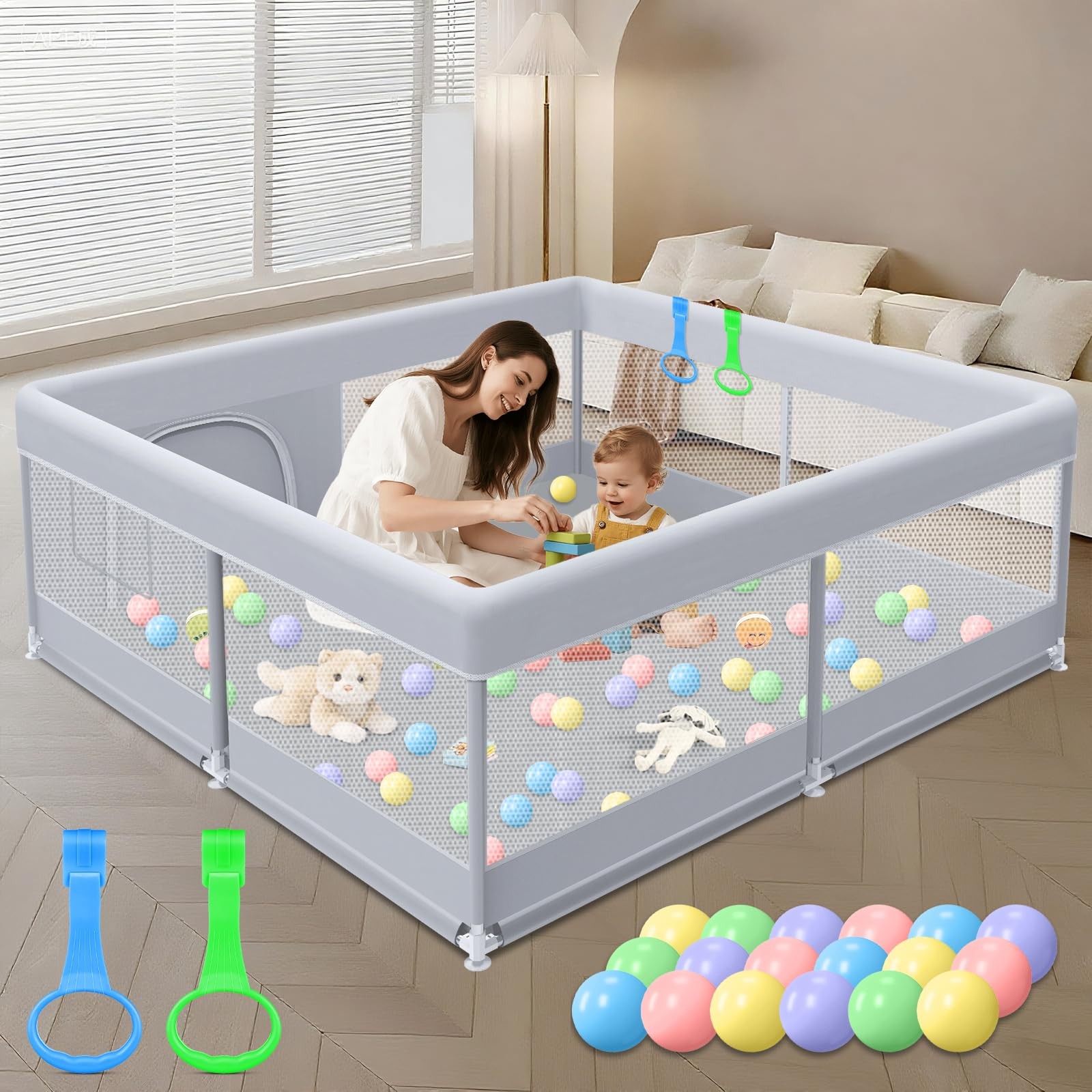 Baby Playpen 50 Inch Playard Indoor Outdoor Grey XVISHX Playards Babies Toddlers