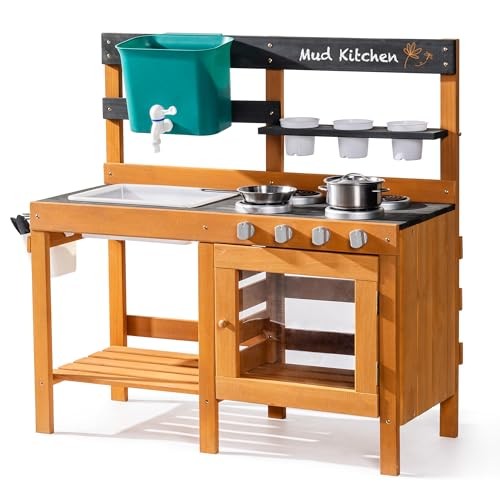  Mud Kitchen for Kids Outdoor, Wooden Outdoor Play Kitchen, Kids Mud Brown Wood