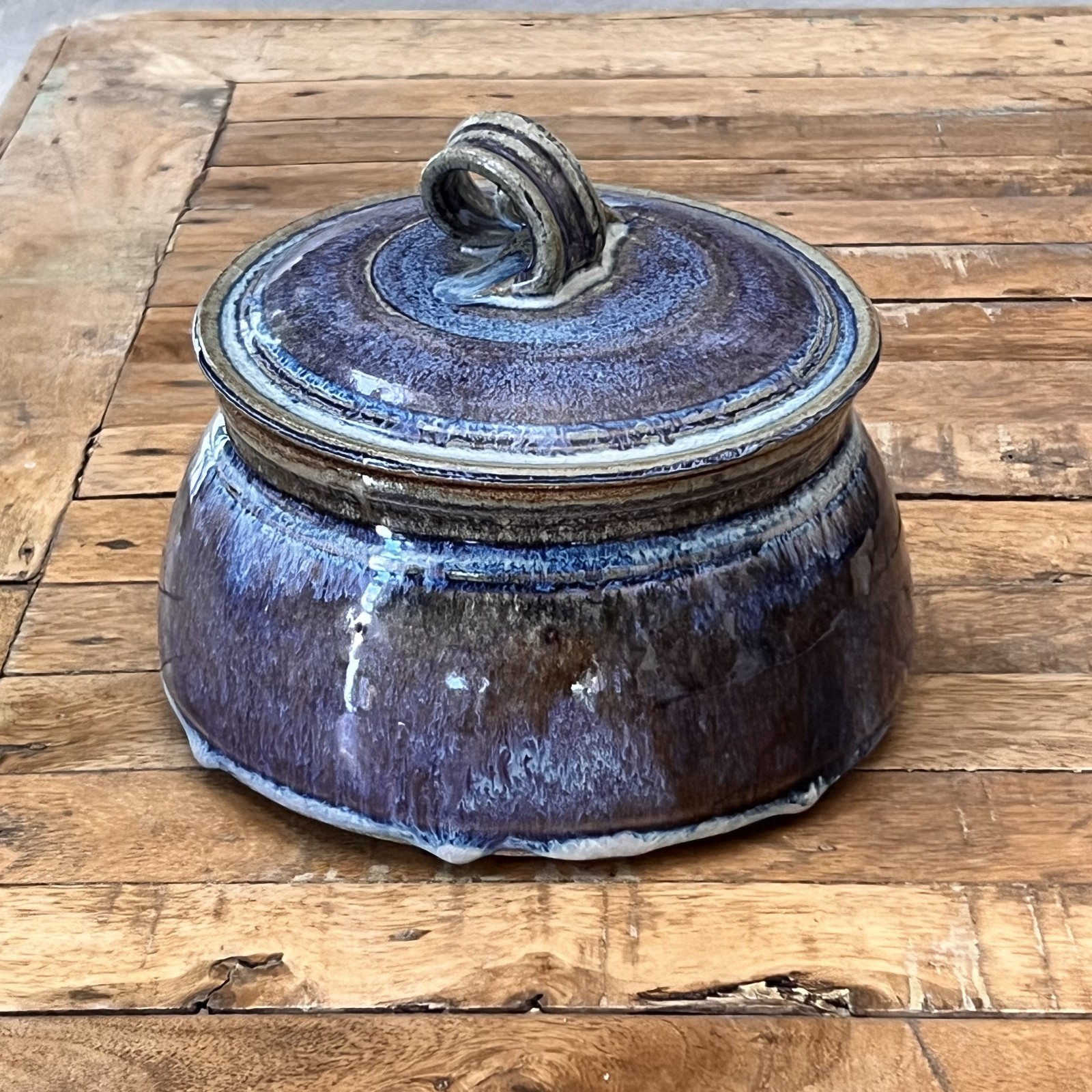 Studio Art Pottery Lidded Pot 7.75" Purple Blue Abstract Glaze Finish Signed