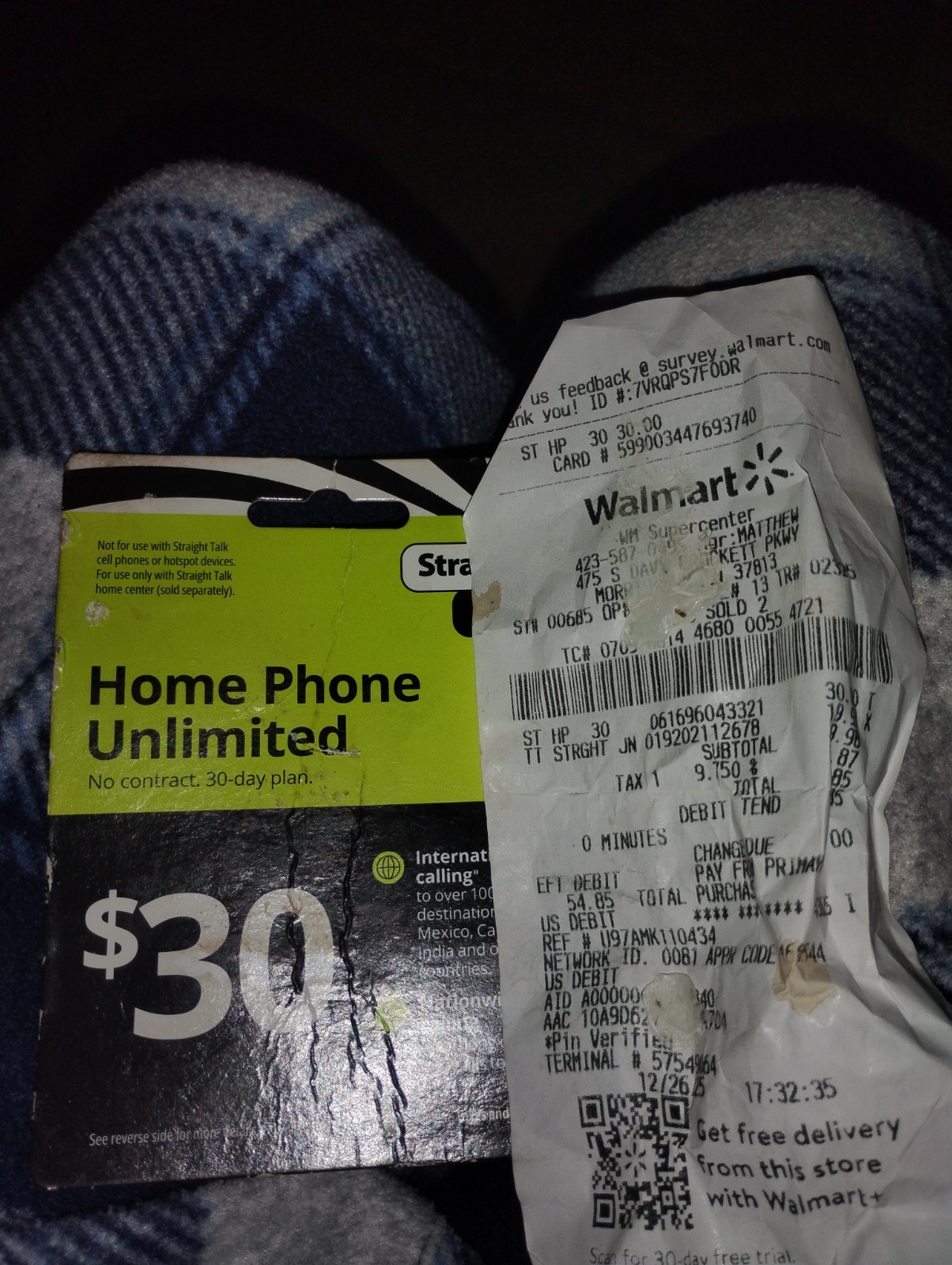 a unused home prepaid phone card with receipt