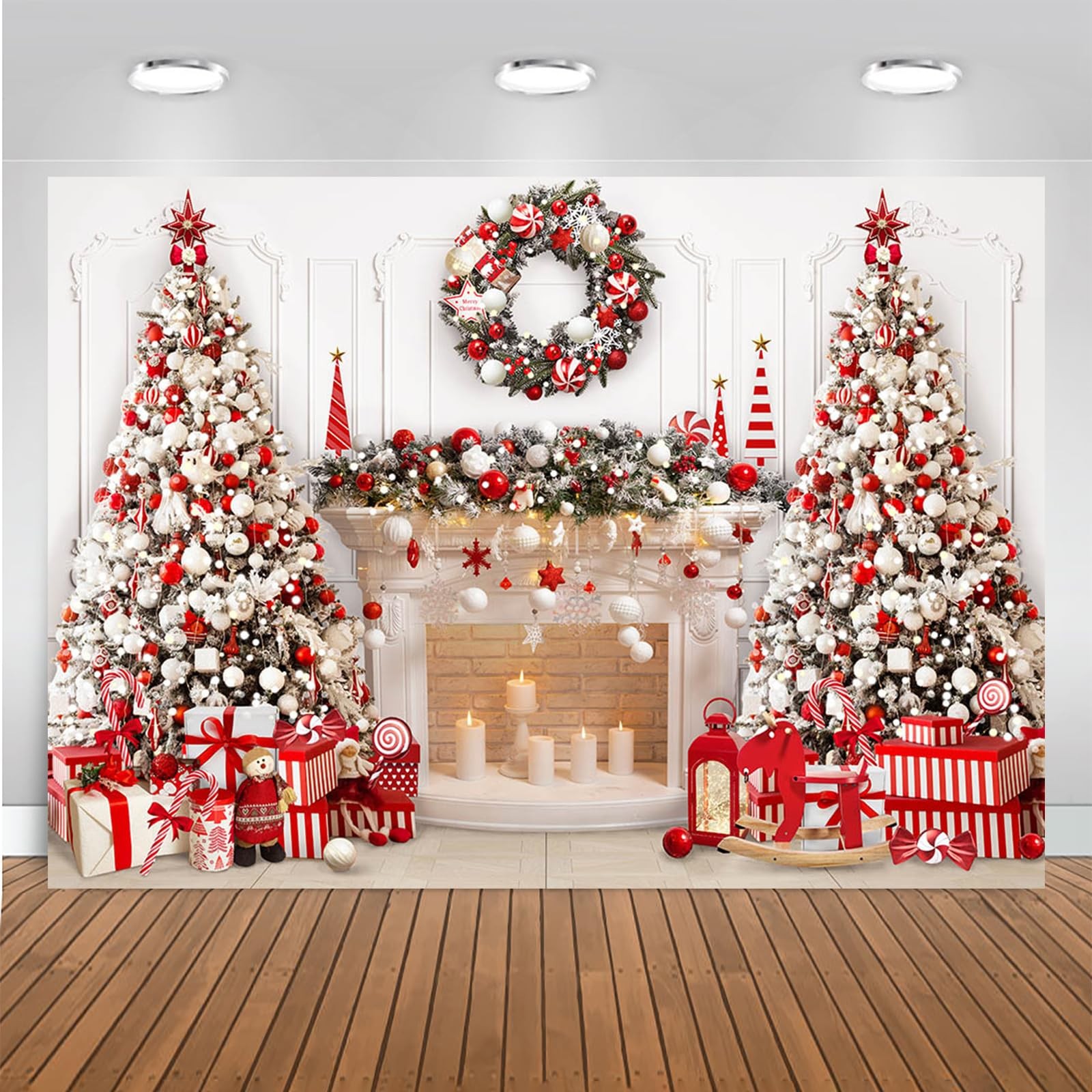 Mocsicka Christmas Fireplace Backdrop White Red 7x5ft(82''x60''), 