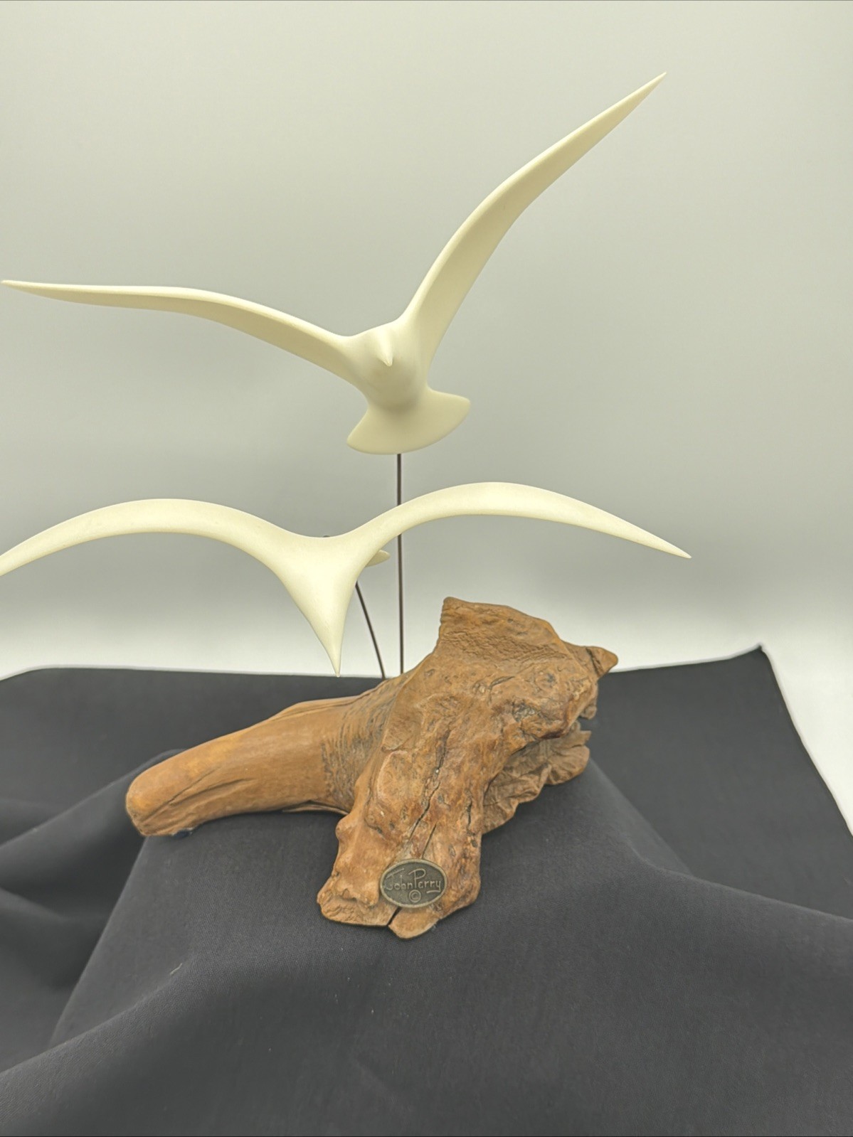 John Perry 2 SEAGULLS IN FLIGHT Sculpture on Driftwood Base MCM