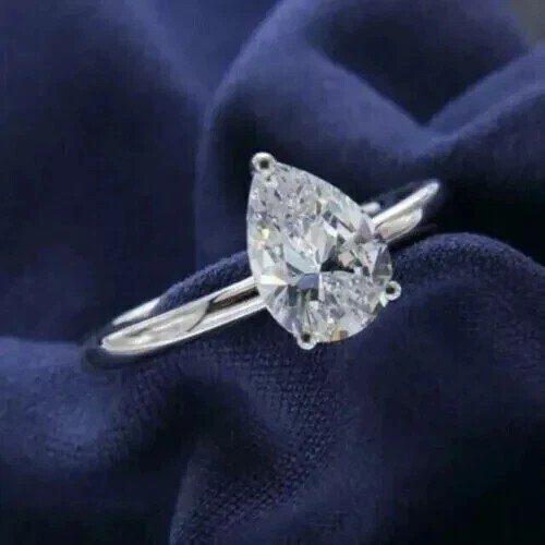 2CT Pear-Cut VVS1 Moissanite Solitaire Engagement Ring 14K White Gold Plated