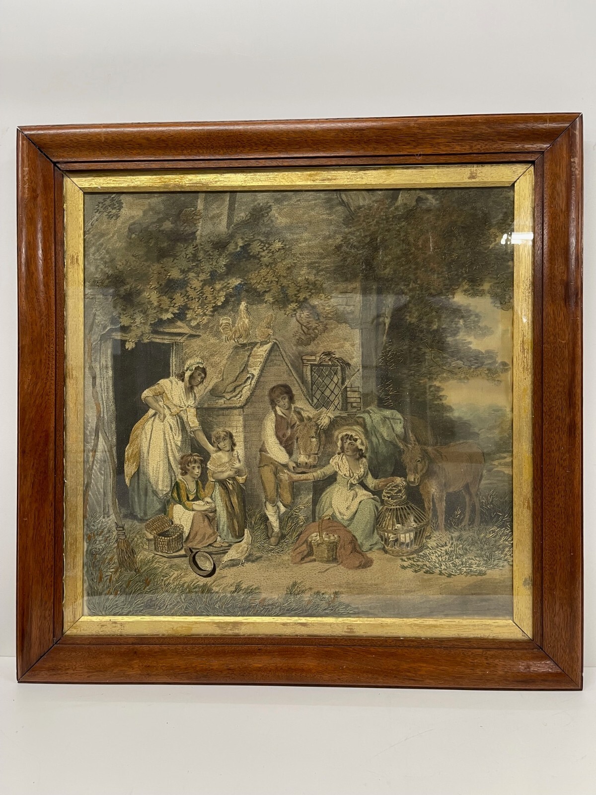Antique Embroidered  Silk & Hair Picture Regency Framed Cottage Family 18th cent
