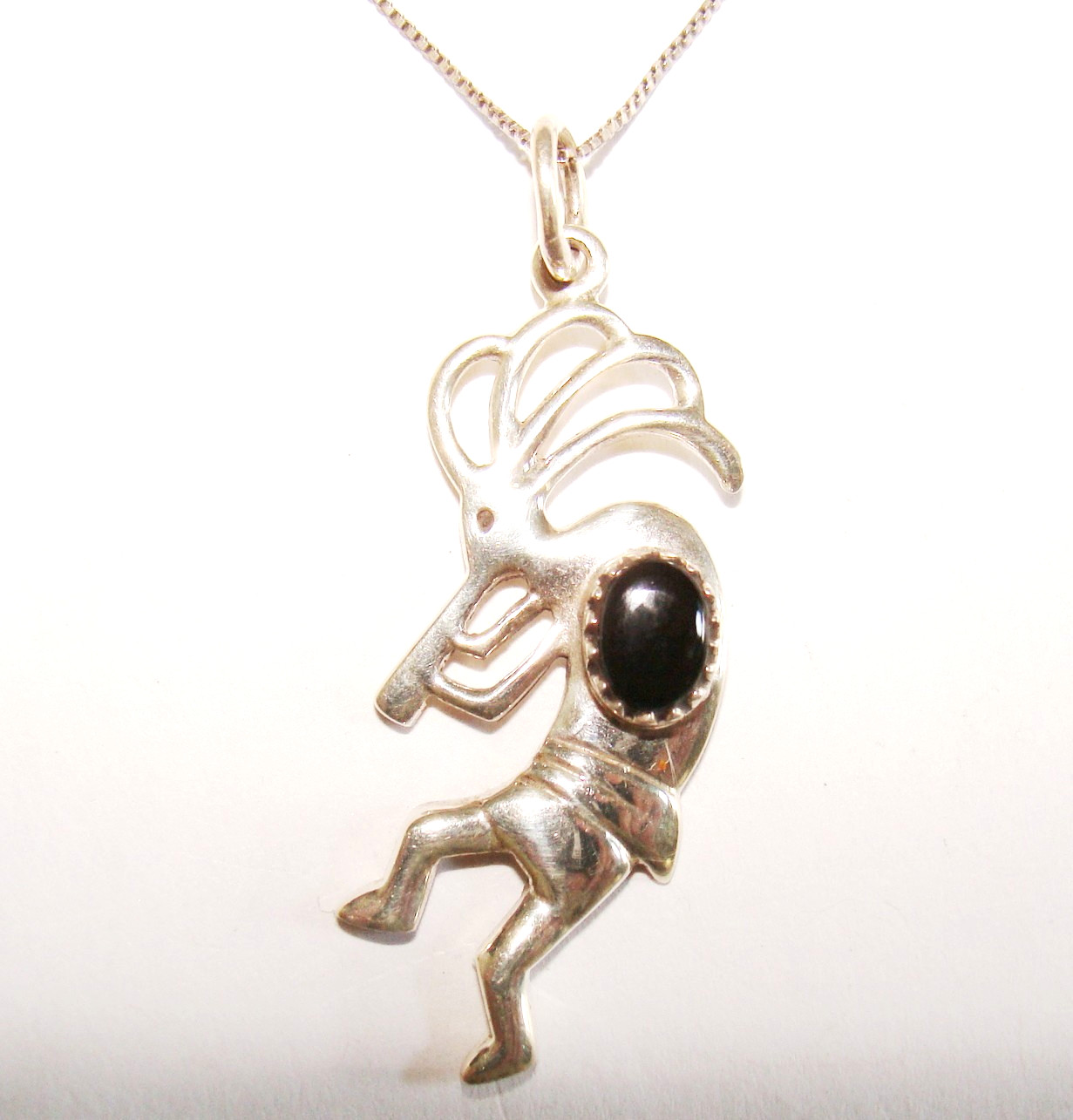 Southwestern Sterling Silver Black Onyx Kokopelli Pendant & 19" Box Necklace 5g
