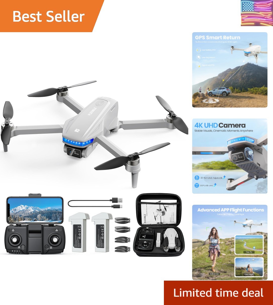 GPS Drones with Camera for Adults 4K, Brushless Motor FPV Drone with Auto Ret...