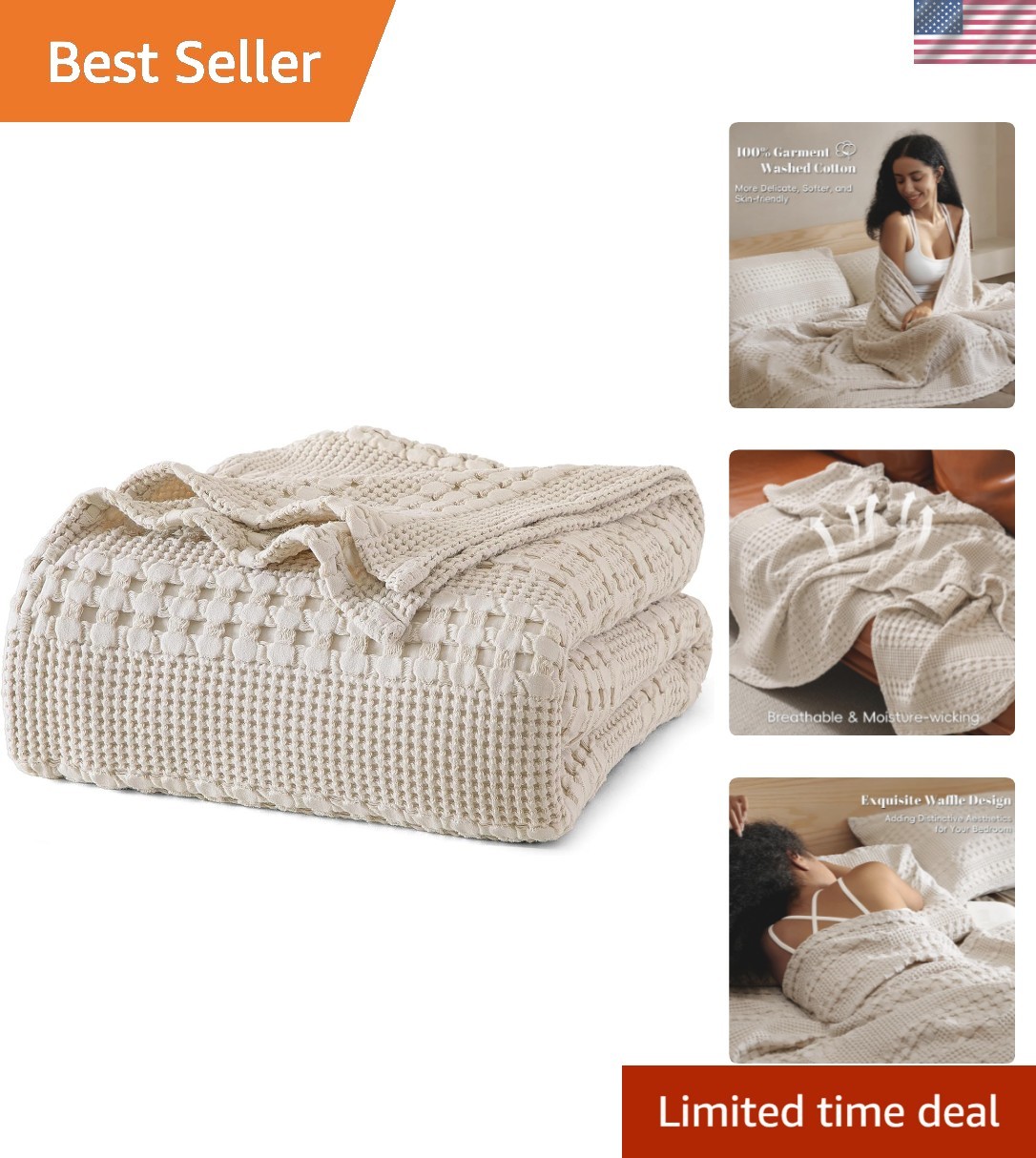 100% Cotton Waffle Weave Blanket King Size for Bed, Soft Lightweight & Breath...