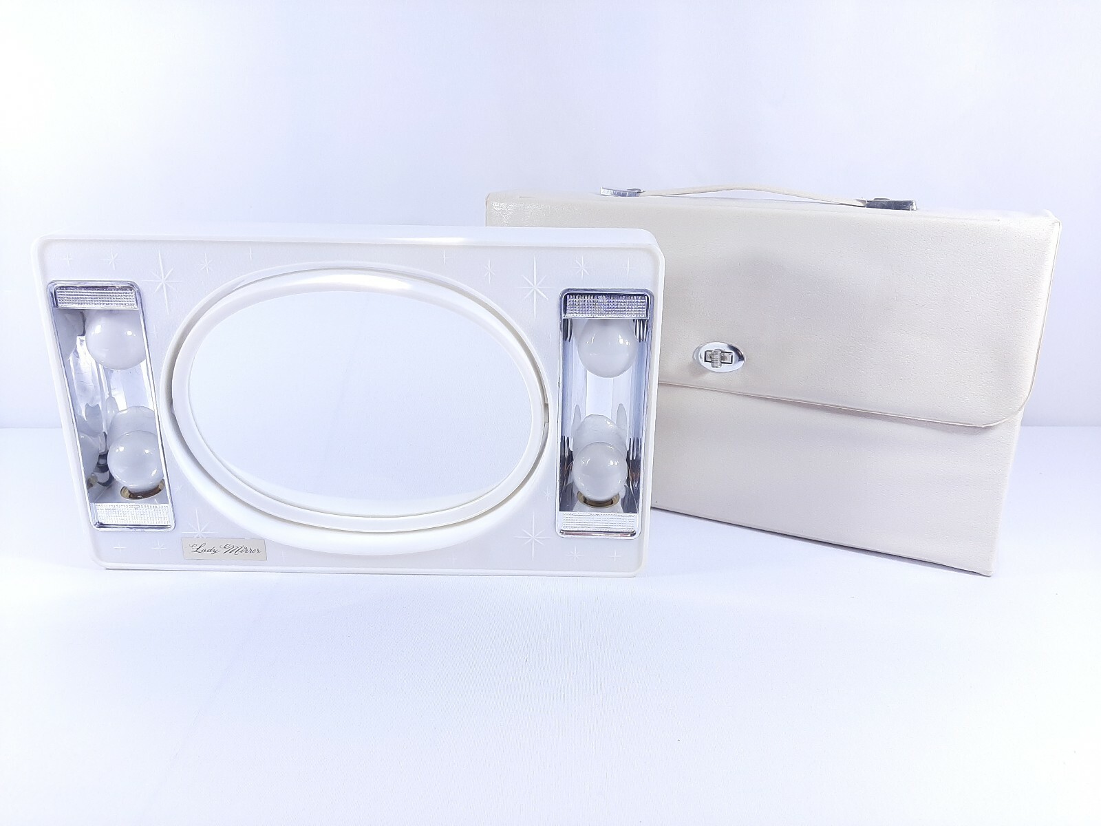 Vintage Electric Lighted Traveling Makeup 2 Way Mirror + Carrying Case - Works