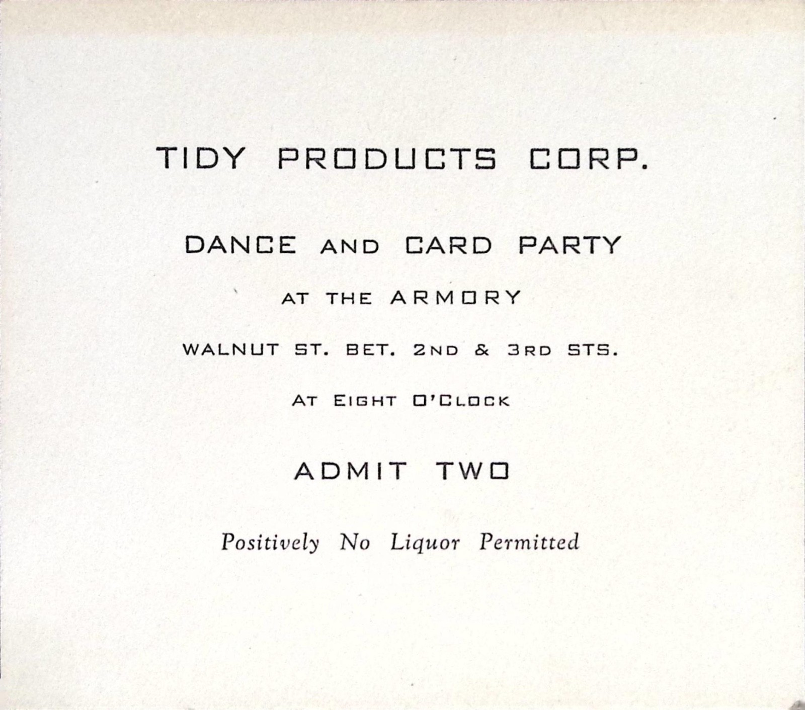 Vintage Tidy Products Corp Dance And Card Party Admit Two Ticket