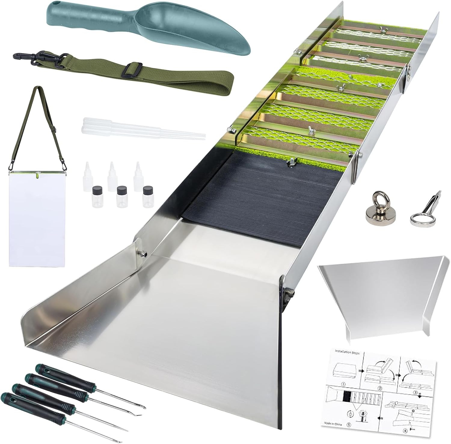 20Pc Complete Gold Panning & Prospecting Kit with 50" Folding Sluice Box, Portab