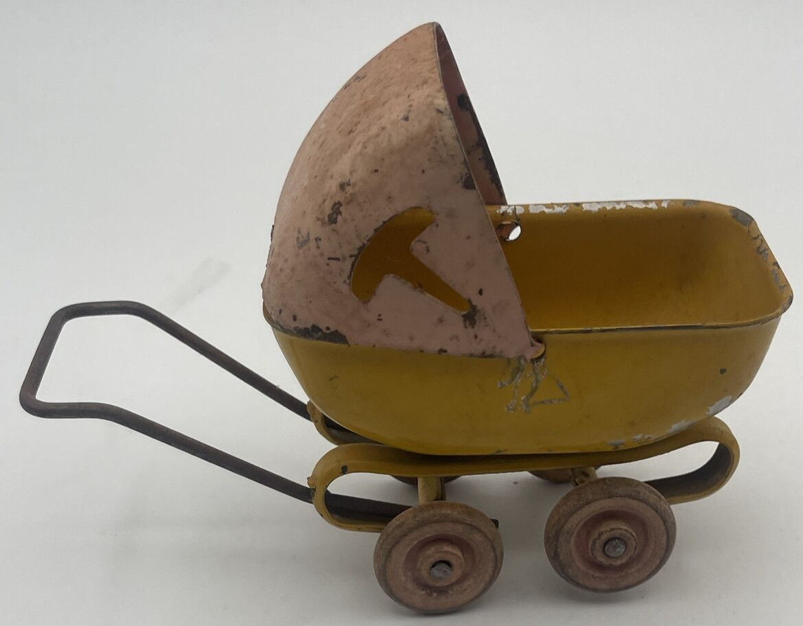 Vintage 1930s Doll Baby Buggy Carriage Pressed Steel Pink Yellow