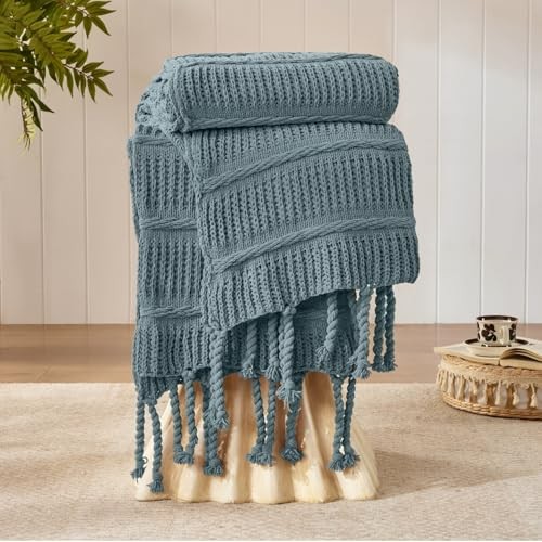 Boho Knitted Chenille Blanket with Tassels - Lightweight & Queen Celestial Blue