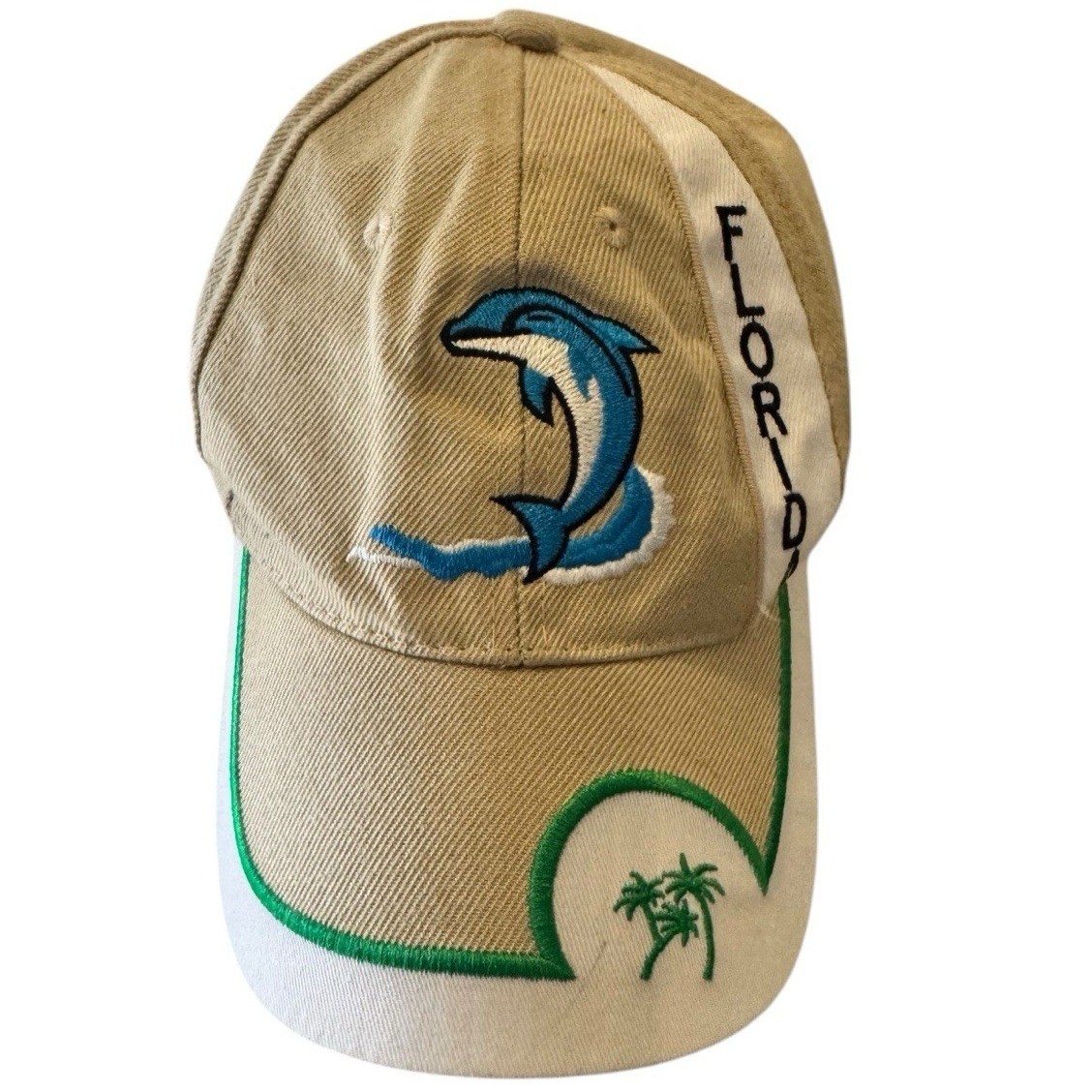 Florida Souvenir Hat with Embroidered Dolphins Blue White Green and Beige